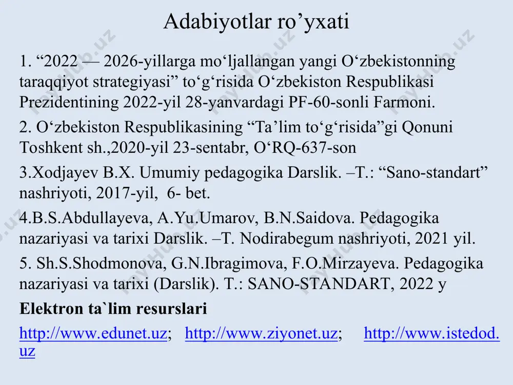hayot sub’ekti, shaxs erkinligi va ma’naviyati sifatidagi ta’lim oluvchi turadi. u bolaning ichki dunyosini rivojlantirish, shaxslararo muloqot, ijod, dialog, shaxs o‘sishi uchun yordamga yo‘naltirilgan. 4 texnokratik bosh maqsadi amaliy takomillashtirish uchun zarur «aniq» ilmiy bilimlarni uzatish va o‘zlashtirishdan kelib chiqadi. «bilim - kuch», shuning uchun inson qadr-qimmatini uning bilish imkoniyatlari aniqlab beradi. 5 ezoterik bu bizning sayyoramizdagi eng qadimiy ta’limiy paradigmalardan biri. mazkur so‘zning yunonchadan so‘zma-so‘z tarjimasi «sirli», «yashirin» ma’nolarini bildiradi. uning mohiyatini abadiy va o‘zgarmas haqiqatga munosabat tashkil etadi. 4-topshiriq. didaktikaнинг tarkibiy qismlarini aniqlashga doir assisment metodi тest didaktikaning fundamental ilmiy asoslari ilk bor kim tomonidan ishlab chiqilgan. a. v.ratke b. y.a.komenskiy v. ushinskiy 2. “tarbiyasiz ta’limda vosita bor, lekin maqsad yo‘q, ta’limsiz esa maqsad bor, vosita yetishmaydi” ushbu fikr muallifini belgilang. a. i.f.gerbart b. a.disterveg v. v.ratke muammoli savol. didaktika qanday savollarga javob beradi. simptom didaktikaning obyekti -... . didaktikaning predmeti-... . amaliy topshiriq. didaktikaning asosiy kategoriyalari quyidagilardan …
