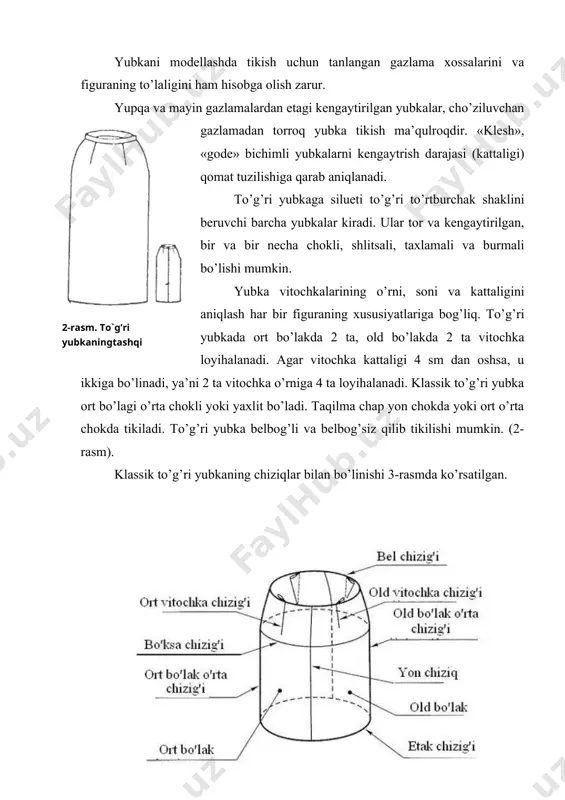 ligi) qomat tuzilishiga qarab aniqlanadi. to’g’ri yubkaga silueti to’g’ri to’rtburchak shaklini beruvchi barcha yubkalar kiradi. ular tor va kengaytirilgan, bir va bir necha chokli, shlitsali, taxlamali va burmali bo’lishi mumkin. yubka vitochkalarining o’rni, soni va kattaligini aniqlash har bir figuraning xususiyatlariga bog’liq. to’g’ri yubkada ort bo’lakda 2 ta, old bo’lakda 2 ta vitochka loyihalanadi. agar vitochka kattaligi 4 sm dan oshsa, u ikkiga bo’linadi, ya’ni 2 ta vitochka o’rniga 4 ta loyihalanadi. klassik to’g’ri yubka ort bo’lagi o’rta chokli yoki yaxlit bo’ladi. taqilma chap yon chokda yoki ort o’rta chokda tikiladi. to’g’ri yubka belbog’li va belbog’siz qilib tikilishi mumkin. (2-rasm). klassik to’g’ri yubkaning chiziqlar bilan bo’linishi 3-rasmda ko’rsatilgan. . 3-rasm to’g’ri yubkaning konstruktiv chiziqlari va asosiy bo’laklari. to’g’ri yubka chizmasini chizish va modellash to’g’ri yubka chizmasini o’quvchilar nazariy darslarda o’zlashtiradilar. misol tariqasida 164-96-100 o’lchamli figura uchun yubka bazis to’r va asos konstruktsiyasi chizmasi berilgan. yubkani qurish uchun dastlabki ma’lumotlar: r=164, …