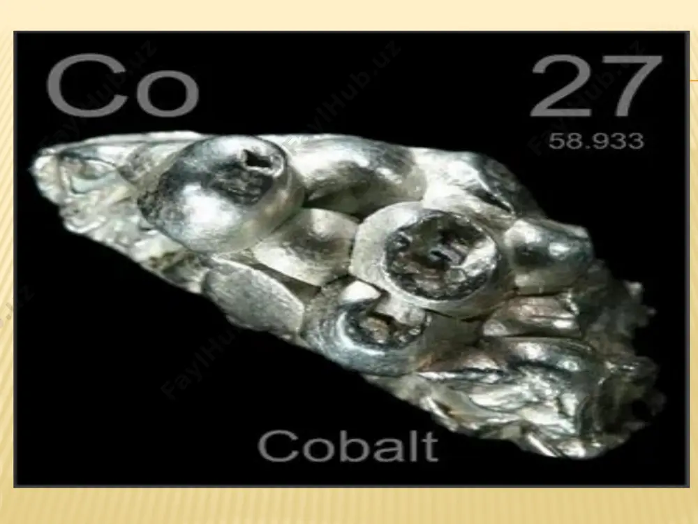 - 700 °c, m = li, k, rb, cs, ba). coso4 - kobalt (ii)-sulfat qizil (kristallogidrati - pushti, biberit), qizdirilganda parchalanadi. suvda yaxshi (biroq sekin) eriydi (harorat ko`tarilishi bilan eruvchanlik ortadi keyin kamayadi), kation bo`yicha gidrolizlanadi. kontsentrlangan sulfat kislotada yomon eriydi. ishqorlar, ammiak gidrati bilan reaktsiyaga kirishadi. qaytaruvchi. mr = 155,00; d = 3,71; ks = 36,3(20), 60,0(43), 49,3(80). olinishi: co + h2so4(suyul, issiq) = coso4 + h2 cos + 8hno3(kons, issiq) =coso4 + 8no2 + 4h2o xossalari: 1. 2coso4 = 2coo + 2so2 + o2 (600 - 700 °c, so3 qo`shimchasi). 2. coso4 *7h 2o = coso4 + 7h 2o (410 - 420 °c). 3. coso4(suyul.) + 6h 2o = [co(h 2o)6]2 + so4 2- [co(h 2o)6]2+ h 2o = [co(h 2o)5(oh)]+ + h 3o+; pkk = 8,90. 4. 2coso4(suyul.) + 2naoh(suyul.) = na 2so4+ co 2so4(oh)2(ko`k), coso4(suyul.) + 2naoh(10%-li) = co(oh)2 + na2so4. 5. coso4 + 6(nh3*h2o)[konts.] = …