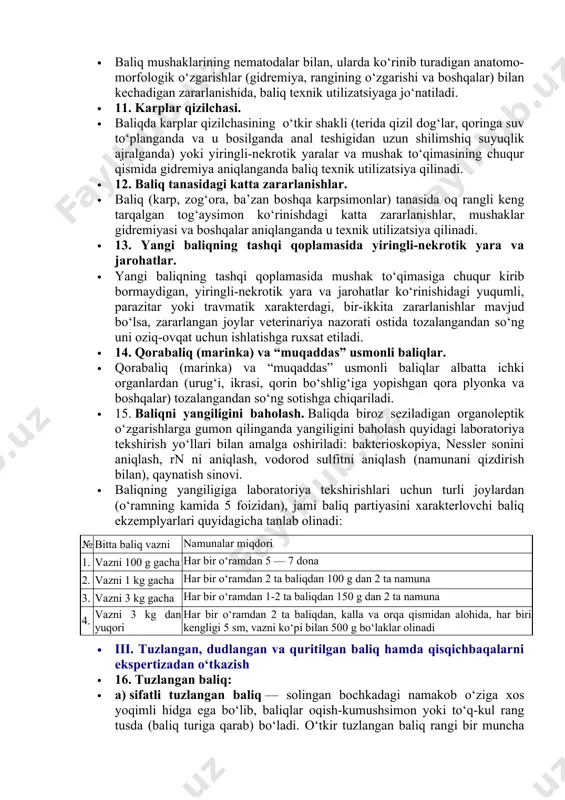 cha plerotsirkoidini odam uchun xavfsiz bo‘lgan trienaforus plerotserkoididan differensiyalash uchun ichki organlarda topilgan fibroz kapsulalar mikroskop ostida tekshiriladi. keng lentacha plerotsirkoidning boshchasida ilgaklari yo‘q, trienaforus plerotserkoidi boshchasi esa to‘rtta ilgakli bo‘ladi. · 7. metagonimus parazitining metatserkariylari aniqlangan baliqlarni zararsizlantirish. · baliqning tashqi qoplamasida, suzgichlarida, shuningdek jabralarida metagonimus parazitining metatserkariylari aniqlanganda, bunday baliq 7 sutka davomida minus — 8°s darajadan yuqori bo‘lmagan haroratda muzlatish yo‘li bilan zararsizlantiriladi. · metagonimus paraziti bilan zararlangan baliqlar tangasi, jabrasi va suzgichlari ajratib olingandan so‘ng (ular qaynatilib yo‘q qilinadi), oziq-ovqat uchun ishlatiladi. · metagonimus metatserkariylari bilan zararlanganligi gumon qilinganda baliqning suzgichlari jabrasi ikkita predmet oynasi orasiga joylanadi va mikroskop ostida kichik obyektivda tekshiriladi. metagonimus metatserkariylari sharsimon yoki oval shaklida bo‘lib diametri 0,18 — 0,21 mm, sista ichida biroz taqasimon shakldagi lichinkalar aniqlanadi. · 8. parazitlarning lichinkalari bilan zararlangan baliqlarni zararsizlantirish. · parazitlarning lichinkalari bilan zararlangan baliqlarni ushbu qoidalarning 6- va 7-bandlarida ko‘rsatilgani singari zararsizlantirishning imkoni bo‘lmaganda …