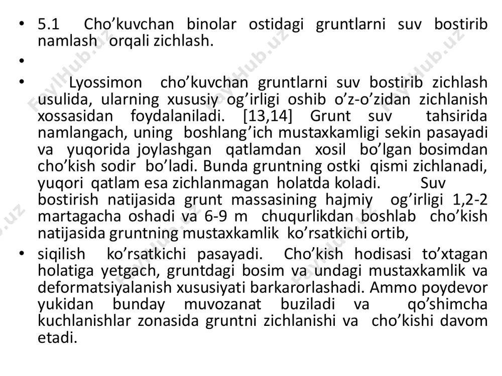 va quriladigan binolarning xususiy og’irligi katta bo’lgan holda namlash usuli bilan gruntlarni zichlash tavsiya etiladi. ushbu usul bilan gruntlarni zichlash ii - chi tipdagi gruntlarda qo’llaniladi. [13,14].lyoss va lyossimon cho’kuvchan gruntlarni poydevor xandaklarini (katlovan) ni suv bostirganda, cho’kish 30-40 sm gacha va undan ortiq bo’lgani kuzatilgan. qurilgan bino ostidagi gruntlarni namlash orqali cho’kishi xususiyatini bartaraf etish. bino va inshootlarni ishlatishda ular qurilgan zaminlarni mahalliy namlanishi natijasida cho’kishlar xosil bo’lib bino tuzilmalarida ortiqcha deformatsiyalar paydo bo’ladi. bunday holatni oldini olish uchun dastavval grunt cho’kishini to’xtatish, so’ngra binoni o’z holatiga keltirish kerak. cho’kuvchanlikni yo’qotishni mahlum va amaliy yo’llaridan biri gruntni namligini oshirishdir • bunday holatda qazilgan xandaklarni suv bostirib,cho’kuvchan grunt o’zining xususiy og’irligidan cho’ktiriladi.so’ngra qurilish ishlarini tugatib, kayta namlanib, poydevor yukidan belgilangan mehyorda cho’ktirish tashkil etiladi.shunday tajribalar asosida dushanbe shaxrida va ukrainaning bir qancha shaharlarida binolar kurilgan. [14]. • bino tuzilmalarida cho’kish natijasida qo’shimcha zo’rikishlar hosil bo’lmaslik choralari ishlab chiqiladi va amalda …