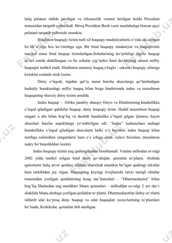 zilgan qoidalarning keng ma’lumotlari – “dharmashastra” bilan bog‘liq shulardan eng mashhuri manu qonunlari – milloddan avvalgi 2 asr she’r shaklida manu shohiga yozilgan qoildalar to‘plami. dharmashastrlar ilohiy so‘zlarni ishlatib ular ko‘proq diniy huquqi va odat huquqlari yozuvlarining to‘plamlari bo‘lsada, kodekslar, qonunlar deb atashgan. dharmashastralardan “nibaguhazi” to‘plamlari ham ajralmasdir. ular dharmashastrlarga sharh bo‘lib hisoblanadi. nibaguhazlarning maqsadi dharmashastrlarni oddiy odamlarga tushuntirish ular sodda tilda yozilgan. qadimgi indus adabiyoti asrlarini huquqiy ma’lumotnoma deb tushuntirish mumkin, ular “smriti” deb ataladi, sangskrit tilidan olingan bo‘lib yoshi ulug‘ olimlarning hadyasi degan ma’noni bildiradi. xvi asrda hukmron bo‘lgan musulmon huquqi hindistonda indus huquqining rivojlanishi to‘xtatib qo‘ydi. shunday bo‘lsada bu huquq din sohasiga, manaviy hayotda qolaverdi. hozirgi zamonda indus huquqi shaxs maqomi reglamentida, nikoh va ajraldishni qo‘shgan holda, voyaga yetmaganlik va farzand qilib olish meros, diniy institutlarda kasta huquqini ko‘rib chiqishda bevosita ishlatiladi. hindu huquqining o‘ziga yarasha sotsial iqtisodiy o‘zgarishlar asosida amalga oshdi, ular kaloniyadagi kaptalistik munosabatlarni rivojlantirishga …