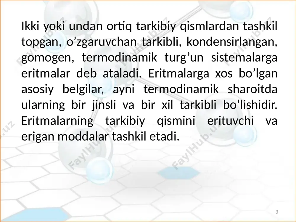 mda soda qoshilsa undagi co2ning eruvchanligi ortadi. qachonki idishni atmosfera bosimida ochsangiz, co2ning eruvchanligi kamayaib ketadi. natijada co2 pufakchalari tezda eritmani tark etai. pufakchalarning yorilishi issitilgan idishni ochganingizda yana ham yaqqol ko’rinadi. 16 gazlar aralashmasidagi eruvchanlikni tahlil qilganda, genri qonuniga qo’shimcha kiritiladi va bu qonun genri-dalton qonuni deyiladi va har bir gazning parsial bosimi hisobga olinadi: αi = ki × pi bu yerda: pi - alohida ko’rilayotgan gazning parsial bosimi. gazning parsial bosimi deb, gazlar aralashmasi egallayotgan idishni, ko’rilayotgan gaz bir o’zi egallaganda, ko’rsatilishi mumkin bo’lgan bosimiga aytiladi. 17 gazlarni elektrolit eritmalarida erishi rus olimi i. m. sechenov gazlarning eruvchanligini o`rganar ekan, eritmada elektrolitlar borligidan gazlar eruvchanligining kamayishini aniqlab berdi. gazlarning eruvchanligiga boshqa eritilgan moddalar ham ta`sir ko`rsatadi deb, quyidagi qonunni kiritdi: eritmada begona moddalarning mavgudligi gazlarning suvdagi eruvchanligini kamaytiradi: n1=noye‾rc bu yerda: n1 - gazning topilishi kerak bo`l gan eruvchanligi no - gazning toza erituvchidagi eruvchanligi; e - natural …