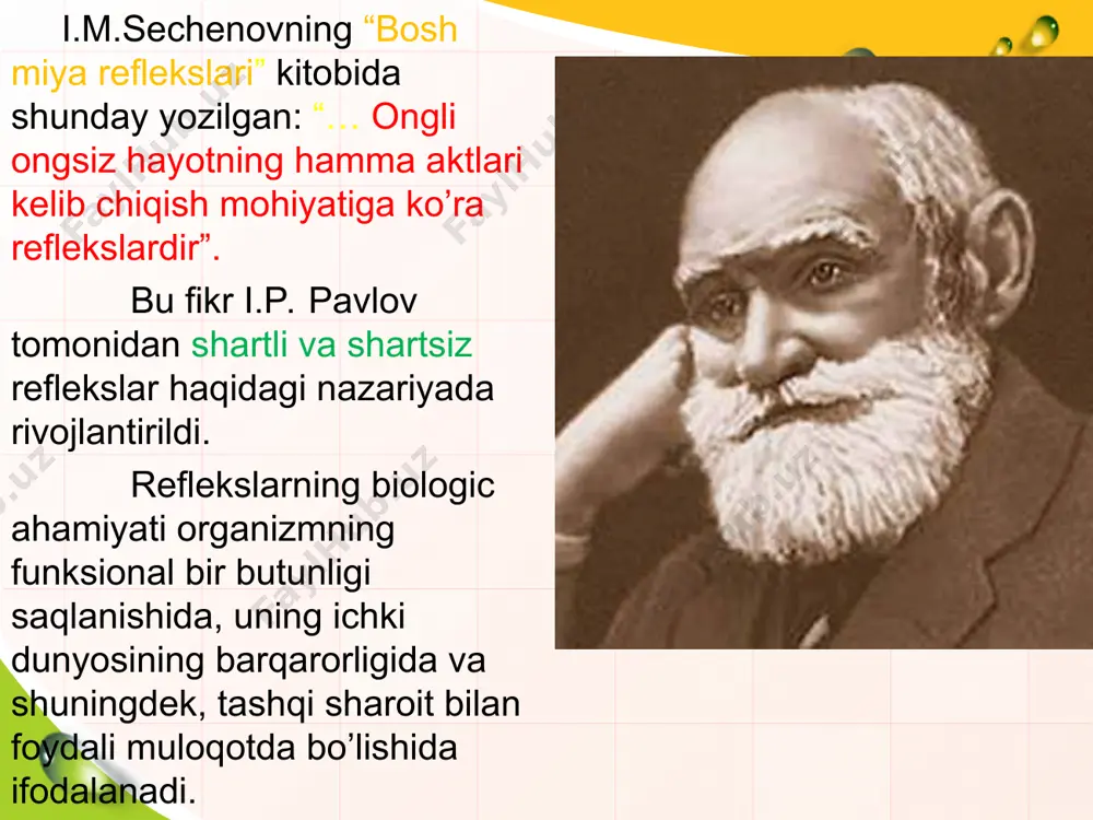 ng faoliyati reflektor tarzida amalga oshadi. ichki va tashqi muhit ta ’sirlariga markaziy nerv sistemasi orqali qaytariladigan javob reaksiyasi refleks deb ataladi. tashqi ta’sirlar eng avvalo impulsni sezgir periferik nerv uchlari - retseptorlar orqali qabul qilinadi. nerv sistemasi tashqi ta’sir natijasida faol holatga kelib, qo‘zg‘alishni javob qaytaruvchi organga o'tkazadi. refleksning yuzaga chiqishida qo‘zg‘ahsh oladigan yol refleks yoyi deyiladi. refleks: 1-tizza payi; 2-retseptorlar; 3-sezuvchinerv tolasi; 4-sezuvchi nerv hujayrasi; 5-oraliq nerv hujayrasi; 6-harakatlantiruvchi nerv hujayrasi; 7-harakatlantiruvchi nerv tolasi; 8-muskul. irradasiya - asab tizimining muayyan qismida paydo bo'lgan qo'zg'alish boshqa joylarga tarqaladi induksiya : - ayrim guruhlarning qo'zg'aluvchanligini oshirish boshqalarning qo'zg'aluvchanligi kamayishi yoki tormozlanishi bilan birga bo'lishi mumkin. dominantlar nima- bir nerv markazining boshqasidan vaqtinchalik ustunligi asab tizimining muayyan qismida paydo bo'lgan qo'zg'alish boshqa joylarga tarqaladi mavzuni mustahkamlash uchun savollar nerv tizimini nerv hujayralari va nerv tolalari haqida gapirib bering? tirik to‘qimalardagi bioelektrik hodisalar haqida gapirib bering? nerv tolalarining miyelinlashuvi deganda nimani tushunasiz? …