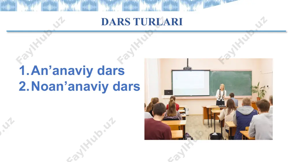 r , televizion kliplar , displeylar , grafikalar , chizmalar , rasmlar va boshqalar asosida foydalanish kiradi . audial - bu asosan eshitish yo'li orqali ma'lumot oladiganlar uchun foydalaniladigan usul . kinestetik - ko'p ma'lumotni boshqa hislar ( ushlab ko‘rish , hid boshqalar ) va harakatlar orqali dars jarayonini tashkil qilish . b u ta'limda o‘quvchilarning faol ishtirokini ta’minlash, ularning tanqidiy va mustaqil fikrlash ko‘nikmalarini rivojlantirishga qaratilgan zamonaviy o‘quv metodikasi. ushbu yondashuv konstruktivizm nazariyasiga asoslanadi va o‘quv jarayonini bosqichma-bosqich mantiqiy tarzda tashkil etishni ko‘zda tutadi. 7e metodikasi 7e metodikasi asosida yondashuv: 1.elicit ( aniqlash ) 2. engage ( faollashtirish ) 3. explore ( tadqiq qilish ) 4. explain ( tushuntirish ) 5. elaborate ( rivojlantirish ) 6. evaluate ( baholash ) 7. extend ( mustahkamlash ) rangshunoslik . rang hususiyatlari mavzu haqidagi bilimlarni aniqlash savollar : rang nima ? asosiy va hosila ranglarni bilasizmi ? qaysi rang sizga ko‘proq yoqadi …