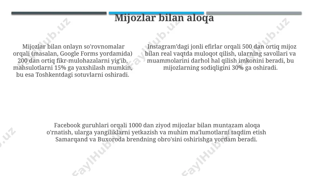 arini sotib olish va sotish bilan shugʻullanishadi. savdoning mobil ilovasini 300 000 dan ortiq odam yuklab olgan va kunlik faol foydalanuvchilar soni 50 000 ga yetgan, bu esa samarqand va fargʻona kabi viloyatlardagi foydalanuvchilarning koʻpayishini koʻrsatadi. shaxsiy ma'lumotlar xavfsizligi facebook, instagram va telegram kabi platformalarda joylashtirilgan fotosuratlar va videolar geolocation ma'lumotlarini o'z ichiga oladi, bu esa shaxsiy manzillarni aniqlash va xavfsizlikka tahdid soladi. 2023-yil ma'lumotlariga ko'ra, o'zbekistonda 10 milliondan ortiq foydalanuvchi shaxsiy ma'lumotlarini ijtimoiy tarmoqlarda saqlaydi, bu esa kiberhujumlar xavfini 30% ga oshiradi. ijtimoiy tarmoqlardagi soxta profillar orqali shaxsiy ma'lumotlar o'g'irlanishi, ayniqsa, toshkent kabi yirik shaharlarda 50% ga yaqin holatlarni tashkil etadi. vaqtni behuda sarflash ijtimoiy tarmoqlarda 2 soatdan ortiq vaqt o'tkazish, kuniga 10% samaradorlikni pasaytirishi va toshkentdagi o'rtacha yoshdagi foydalanuvchilarning 30%ida stress darajasini oshirishi mumkin. o'zbekistondagi 15-25 yosh oralig'idagi yoshlarning 70%i kuniga kamida 3 soat ijtimoiy tarmoqlarda vaqt sarflaydi, bu esa o'qish, ish va shaxsiy hayotga salbiy ta'sir qiladi. …