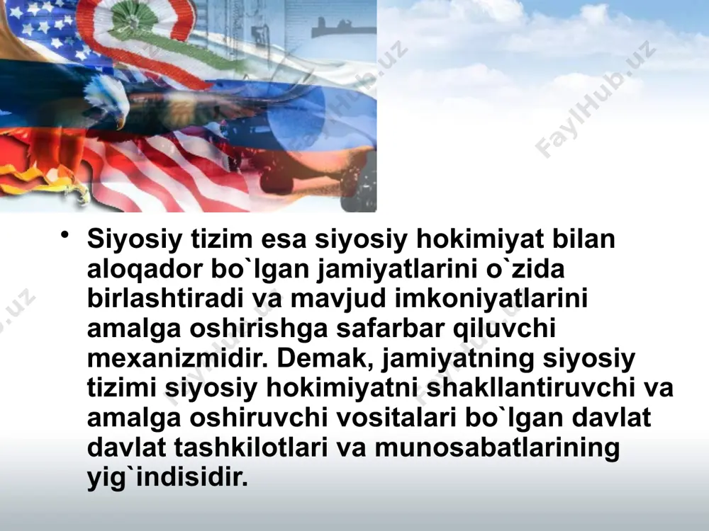 qilishi borasida vujudga keladi; ikkinchidan, siyosiy ihtilofda ayrim individlar emas, ijtimoiy guruhlar, minglab va millionlab omma o'z mafaatlari bilan ishtirok etadi; uchinchidan, siyosiy ihtilof ijtimoiy ahamiyatga ega. uning natijalari, odatda ijtimoiy hayotning himma sohalarida namoyon bo'ladi. odatda siyosiy ihtiloflarning uch asosiy turini ajratib ko'rsatiladi. 1. manfaatlar ihtilofi: iqtisodiy rivojlangan mamlakatlar, barqaror davlatlarda ko'proq uchraydi. iqtisodiy "patir" ni bo'lish atrofidagi savdo bu erda siyosiy qoida bo'lib qolgan (soliqlar miqdori, ijtimoiy ta'minot hajmi v.h. uchun kurash). ihtilofning bu turi tez echimini topadi, negaki bu erda muammo kelishuv yo'lini topish mumkin. ( «unisiga ham, bunisiga ham»). 2. qadriyatlar ihtilofi: rivojlanayotgan davlatlar uchun xos; ularni hal qilish uchun ko'proq xarakat talab etiladi, negaki ular kelishuvga qiyinchilik bilan tortiladi. 3. identifikatsion ihtilof o'zini jamiyat (davlat) bilan, muayyan guruh (etnik, demiy, til) bilan bog'liq, deb tan oluvchi jamiyatlar uchun xos. irqlar etnik yoki til qarama - qarshiligi mavjud hollarda vujudga keladi. image2.jpeg image3.jpeg image4.jpeg image5.jpeg image6.jpeg …
