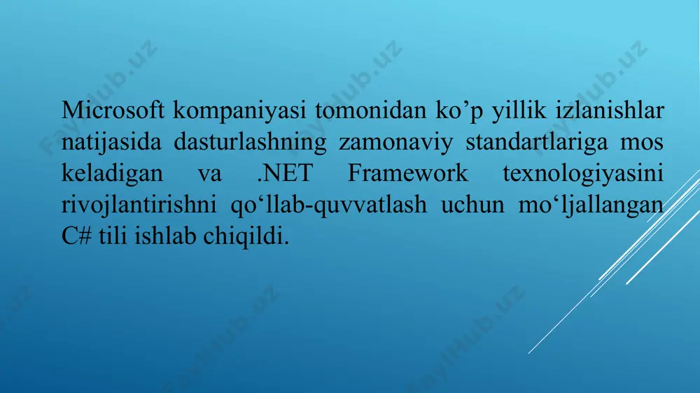 chun ado.net; tillarning o’zaro bog’liqligi. .net framework platformasi til kompilyatori ilova kompilyatsiya qilinganda darhol ijro etilmay, balki oraliq kod, cil (common indermediate language) ga o’tkaziladi, keyinchalik kompilyatsiya vaqtida clr muhitiga ilova ijro etiladi; • versiya mosligi. ilovalarni .net framework platformasi yordami bilan ishlab chiqish jarayonida ko’pincha uning eng so’nggi versiyasidan foydalangan ma’qul. • parallel joriy qilish. .net framework platformasi bir kompyuterda turli versiyalardan bir vaqtda foydalanishga ruxsat beradi. image1.emf /docprops/thumbnail.jpeg