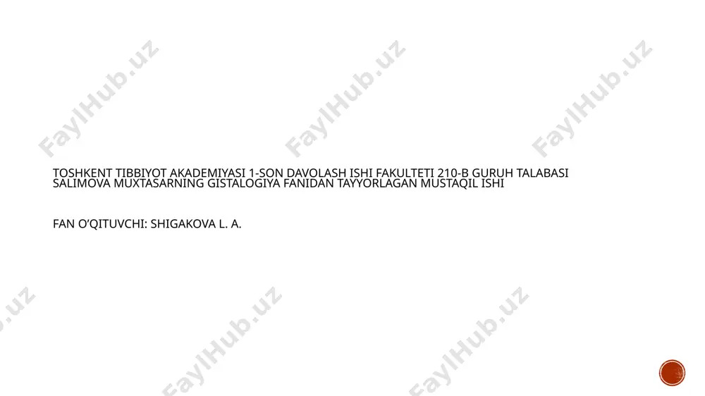 ’r qavat zich tolali shakllanmagan biriktiruvchi to’qimadan iborat, elastik tolalar va dag’al kollagen tolalar tutamlaridan iborat. ter bezlarining vazifasi termoregulyatsiya va ekskretor. ular mahsulotini tashqariga chiqarishiga ko’ra apokrin va merokrin turlarga bo’linadi. yog’ bezlari terini yumshatadi, elastiklik beradi va ishqalanishni kamaytiradi. ter bezlaridan farqli o'laroq yog’ bezlari dermisning papilyar va retikulyar qatlamlarining chegarasida joylashgan. soch 2 qismdan: teridan ciqib turgan soch o’qi va terida joylashgan soch ildizidan iborat. soch ildizi dermada joylashgan tuzilmalar bilan yagona kompleksni hosil qiladi. bu tuzilmalarga yog’ bezlari, schnitzel ko’taruvchi mushaklar kiradi. uzun va qattiq soch ildizlarida sochning kutikulasi, po’stloq va magic qismi farqlanadi. soch ildizi soch qopchasi yoki follikulasida joylashgan. sochlar o’rtacha bir necha oydan 2-4 yilgacha o’sadi. soch almashinuvining siklida 3 bosqich farq etadi: katagen, telogen va anogen. tirnoq qattiq, muguzlangan plastinkalardan iborat. uning taraqqiyoti homilaning 3-oyidan boshlanadi. tirnoqda tana, ildiz, ikkita yon va erkin qismlar tafovut qilinadi. e’tiboringiz uchun raxmat 🎓🥼🫀🩺 image4.png image3.png …