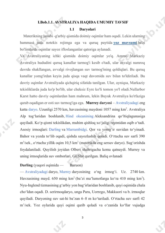 ruon) — avstraliyadagi daryo, murrey daryosining oʻng irmogʻi. uz. 2740 km. havzasining mayd. 650 ming km2 (baʼzi maʼlumotlarga koʻra 410 ming km2). nyu-inglend tizmasining gʻarbiy yon bagʻirlaridan boshlanib, quyi oqimida chala choʻldan oqadi. d. serirmoqdaryo, unga paru, uorrego, makkuori va b. irmoqlar quyiladi. daryoning suv sat-hi baʼzan 6–8 m koʻtariladi. oʻrtacha suv sarfi 42 m’/sek. yoz oylarida quyi oqimi qurib qoladi va oʻzanida koʻllar vujudga keladi. [footnoteref:2]daryo toʻlib oqqanda byork sh.dan quyi oqimigacha kemalar qatnaydi. sugʻorishda foydalaniladi. katta qismi avstraliya daryolar qirg'oqlari bo'ylab oqib. xaritada murray daryosi materik sharqida, u bir necha chuqur oladi va okean ichiga ketadi. bu juda ko'p turli orqali o'tadi : tabiiy tizimlari tog'lar, o'rmonlar, tog' o'rmonlari, suv havzalari va botqoqlaridan. murray necha ko'llar orqali kimning sho'rlanishi ancha farq qiladi (aleksandrina, coorong va boshqalar), o'tadi. serob va daryo uzunligi ko'ra amerika missisipi avstraliya teng. sayoz - yozda daryo toshqin, qish hisoblanadi. goulburn, mitt-mitt, murrumbidgee, loddon, duxovkalar …