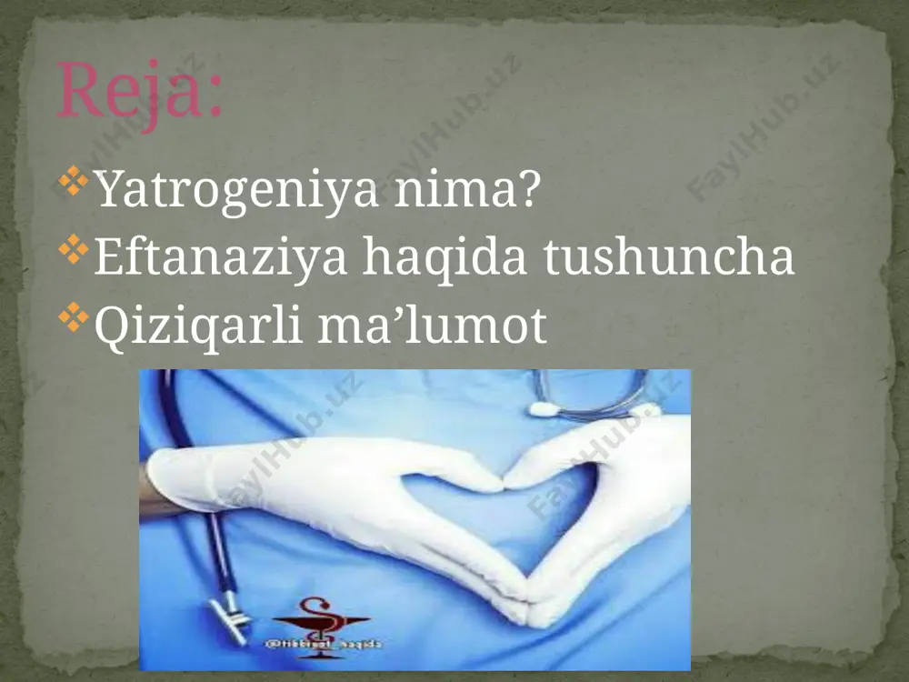 bo'ladi. dorivor - dorilarning nojo'ya ta'siri yoki samarasizligi namoyon bo'lganda. travmatik - terapevtik va jarrohlik ta'sirining salbiy ta'siri. yuqumli yatrogeniya - bemorda nozokomial infektsiyalar va boshqalar yuqganda. aralashtirilgan yatrogenik - yuqoridagi omillarning kombinatsiyasi tufayli yatrogen rivojlanishda. shunday qilib, yatrogenikning tashxisi "psixogen, dorivor, travmatik, yuqumli yoki aralash" kabi ko'rinishi mumkin. tibbiyotda "yatrogen" atamasi ( yatrogen) bemorda uning uchun obro'li bo'lgan shaxs tomonidan majburiy yoki qasddan qilingan taklif natijasida yuzaga kelgan noqulay kasallik holatini aniqlashni o'z ichiga oladi. ko'pincha yatrogenik sabablar - bu tibbiy tibbiy xatodir. evtanaziya evnataziya - bu og'ir, tuzalmas kasallikka, masalan, rakning oxirgi bosqichiga mubtalo bo'lgan bemorning o'limini istakka binoan tezlashtirish va qiynoq azoblaridan qutqarish va tabiiy o'limni turli dori-darmonlar yordamida yengillashtirishdir. «evtanazis» so'zi (grekcha) baxtli, azobsiz o’lim degan ma'noni anglaladi. qiziq, hozirgi sharoitda evtanaziya muammosini qanday yechish mumkin? qachonki, bemorlar dori vositalari va davolash asboblari yo'qligi natijasida o'lib ketayotgan bo'lsa. aftidan shu sabab bo'yicha ham evtanaziyani tez-tez qo'llashga …