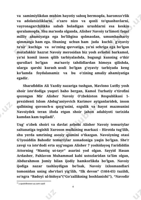 dga kelgan. nizomiydan yuz yildan so’ng asli shahrisabzlik turkiy qavmlar avlodidan bo’lgan xusrav dehlaviy (1253—1325) o’zining "xamsa"sini 1299—1301- yillarda yozib tugalladi. u "matla' ul-anvor" ("nurlarning boshlanmasi"), "shirin va xusrav", "majnun va layli", "hasht behisht" ("sakkiz jannat"), "oyinayi iskandariy" ("iskandar oynasi") dostonlari- ni yozib, nizomiy ishini davom ettirdi va natijada adabiyotda xam- sachilik an'anasi paydo bo’ldi. shunga ko’ra har bir asar "xamsa" deb atalmog'i uchun: a) besh dostondan tashkil topmog'i; b) birinchi doston, albatta, pand-nasihat ruhidagi ta'limiy-axloqiy, falsafiy bo’lmog'i; d) ikkinchi- si, xusrav va shirin mojarolariga bag'ishlanmog'i; e) uchinchi doston layli va majnun muhabbatini mavzu qilib olmog'i; f)to’rtinchi doston shoh bahrom va beshinchisi iskandar haqida yozilmog'i shart edi. dehlaviydan qariyb 200 yil keyin ikki buyuk xamsanavis jomiy va navoiy maydonga chiqdi. jomiy avval quyidagi besh asarni yoz- di: "tuhfatul-ahror" ("erkinlar tuhfasi"), "sabhatul-abror" ("yaxshilar tasbihi"), "yusuf va zulayho", "layli va majnun", "xiradnomayi iskandariy". bu besh asarni 1485- yili yozib tugalladi. keyin "silsilat …