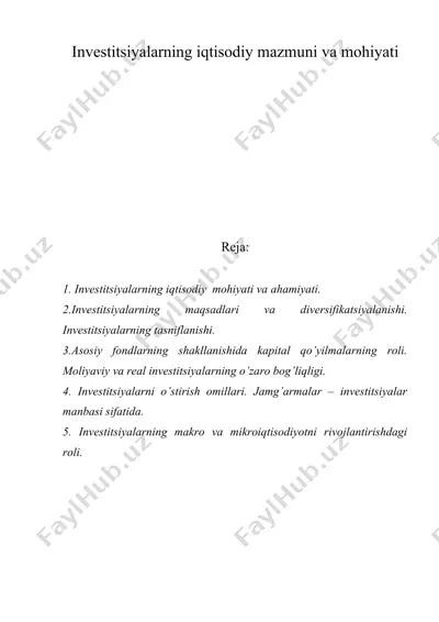 investitsiyalarning iqtisodiy mazmuni va mohiyati — DOC