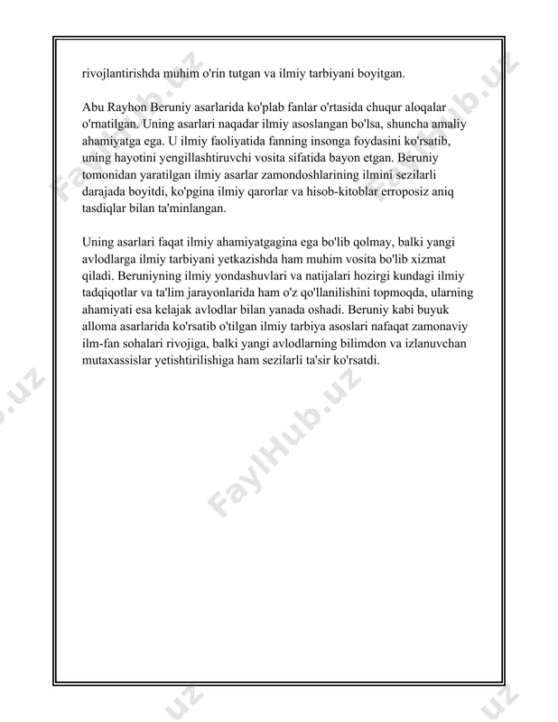 uchun ilmiy bilim axloqiy tarbiyani kuchaytirishning muhim omili edi. yana bir muhim nuqta shuki, beruniy inson o'zidan boshlagan holda boshqalarni, xususan qo'shni xalqlarni hurmat qilish va ularning qadriyatlariga to'g'ri yondashish axloqiy tarbiyaning muhim elementi ekanligini ta'kidlaydi. chunki u ilm paydochilari har doim inson salohiyatiga ishonishini va bu boradagi har qanday ishni ilmiy asosda amalga oshirishga intilgan. xulosa qilib aytganda, abu rayhon beruniy axloqiy tarbiya tushunchasi haqida boy va qimmatli meros qoldirgan. uning qarashlari bugungi kunda ham dolzarb bo'lib, yosh avlodlarga axloqiy tarbiy va bilim berish jarayonida foydalanilmoqda. beruniyning axloqiy tarbiya bilan bog'liq qarashlari har bir inson o'zida yuksak axloqiy qadriyatlar va ilmni birlashtirgan holda harakat qilishi lozimligini ta'kidlaydi. 3. beruniy: oila tarbiyasi ahamiyati beruniy haqida gap ketganda, uning ilmiy yutuqlari va ijtimoiy hayotga qo‘shgan hissasi dolzarbdir. beruniy, to‘liq ismi bilan abu rayhon beruniy, 973 yilda xorazmda tug‘ilgan. u o‘z davrining eng yirik olimlaridan biri bo‘lib, matematika, astronomiya, geografiya, hamda tarix …