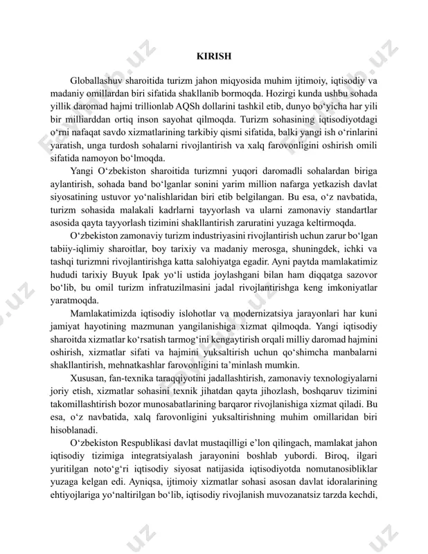 birinchi navbatda, uning asosiy infratuzilma bo‘g‘ini bo‘lgan mehmonxona industriyasining taraqqiyoti bilan chambarchas bog‘liqdir. mehmonxonalar turizm xizmatlarining asosiy qismini tashkil etib, turistlarning yashash, dam olish, qulaylik va xavfsizlikka oid ehtiyojlarini ta’minlovchi muhim xizmatlarni ko‘rsatadi. shu sababli zamonaviy turizmda mehmonxona xizmatlarining sifati va samaradorligiga alohida e’tibor qaratilmoqda. xxi asrda mehmonxona biznesida xizmatlar assortimentini kengaytirish, mijozlarga qulay sharoitlar yaratish, yuqori darajadagi servis xizmatlarini joriy etish maqsadida innovatsion texnologiyalar amaliyotga jadal joriy etilmoqda. men, andijon davlat universiteti ijtimoiy-iqtisodiyot fakulteti “turizm” yo‘nalishi 4-bosqich 402-guruh talabasi karimov javohir, andijon davlat universiteti yo‘llanmasi asosida andijon viloyati, andijon shahri, bobur shoh ko‘chasi 116-uyda joylashgan “payitaxt” mehmonxonasida 2024-yil 3-fevraldan 12-maygacha malakaviy amaliyotni o‘tab chiqdim. amaliyot davomida mehmonxonaning boshqaruv tuzilmasi, infratuzilmasi va ijtimoiy-iqtisodiy faoliyati bilan tanishdim. shuningdek, xodimlarning lavozim vazifalari, reklama va narx-navo siyosati, mahalliy hamda xorijiy mehmonlarga ko‘rsatiladigan xizmat turlari, korxonaning tashqi va ichki muhiti, raqobatbardoshligi kabi ko‘plab jihatlar o‘rganildi. amaliyot davomida mehmonlarni kutib olish, joylashtirish, hujjatlarni rasmiylashtirish, ularning …