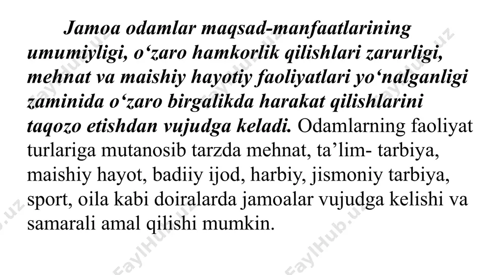 oa bo’lmay, balki tashkil etuvchi birlik (sinf, guruh)dir. tarbiyalanuvchilar talablarning qo’yilishiga e’tiborsiz qaraydilar. jamoa a’zolarining uzluksiz ijodiy faoliyatini tashkil qilish va ularni muayyan (yagona) maqsad atrofida birlashtirishga erishish orqali jamoa qaror topadi. ushbu bosqichda pedagogning talabchanligi qat’iyligi, izchilligi, murosasizligi va jamoaning barcha a’zolariga talabni birday qo’ya olishi hal qiluvchi omil hisoblanadi. bu vaziyatda o’qituvchining «hukmdorlik» davri uzoq davom etishi mumkin emasligini, aks holda bir qarashdan intizomning vujudga kelganligi ma’lum bo’lsada, guruh a’zolarining faolliklarini rivojlantirish uchun sharoitning mavjud emasligini hisobga olish zarur. jamoa rivojlanishining ikkinchi bosqichi. ushbu bosqich jamoa faollarining pedagog talablarini qo’llab-quvvatlashi hamda o’z navbatida uning o’zi bu talablarni jamoa a’zolari zimmasiga qo’yishi bilan tavsiflanadi. endilikda pedagogik jamoada paydo bo’lgan va u bilan bog’liq bo’lgan muammo, masalalarni yolg’iz o’zlari hal qilmaydilar. jamoa faollari bilan maxsus tarbiyaviy ish olib borish orqali bu ishga ularni jalb etadi. jamoa hayotini tashkil qilish usuli murakkablashib boradi, ya’ni jamoa o’z-o’zini boshqarishga o’tadi. bu o’rinda a.s.makarenkoning …
