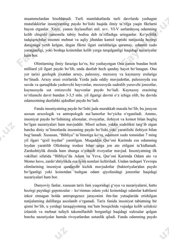 bilan aloqalari ularning yutuqlarini qo‘shni hududlarga tarqatish uchun shart-sharoitlar yaratishi natijasida ikkilamchi sivilizatsiyalar – suriya, baktriya, marg‘iyona, anatoliya, minoy, krit-miken, yapon va boshqa sivilizatsiyalar paydo bo‘lgan. ularning madaniyati birlamchi sivilizatsiyalar madaniyatiga o‘xshash bo‘lishi bilan birga qaysidir jihatlari bilan farqlanadi. ayrim holatlarda bu jarayon o‘zini vujudga keltirgan sivilizatsiyadan ajralib, mustaqil sivilizatsiyaga aylanishga imkoniyat yaratganki, antik davr sivilizatsiyasi bunga misol bo‘lishi mumkin. ikkinchi davr. ikkilamchi sivilizatsiyalar muttasil kengayishga intilib o‘z atrofida juda ko‘p aholini, ba’zan bir nechta mahalliy sivilizatsiyalarni birlashtirgan. natijada jamiyat dinlari shaklidagi mafkura paydo bo‘lgan. shu tariqa sivilizatsiyalarning taraqqiyotida ikkinchi davr boshlanadi. bu jarayon o‘rta osiyoda mil.avv.viii-vi asrlar davomida, hindistonda mil.avv.vi-iii asrlarda, xitoyda mil.avv.iii-ii asrlarda, yevropada milodga yaqin davrlarda, janubiy amerikada xv asrda pishib yetilgan edi. xullas, birlamchi yoki ikkilamchi bo‘lishidan qat’iy nazar, sivilizatsiya – bu dehqonchilik bilan shug‘ullanuvchi, shaharlar barpo etuvchi, o‘z yozuviga ega va ma’lum qadriyatlar bilan birlashtirilgan ijtimoiy organizmlarning muayyan tarixiy taraqqiyot bosqichidir. 2. insoniyatning dastlabki ajdodlari. …