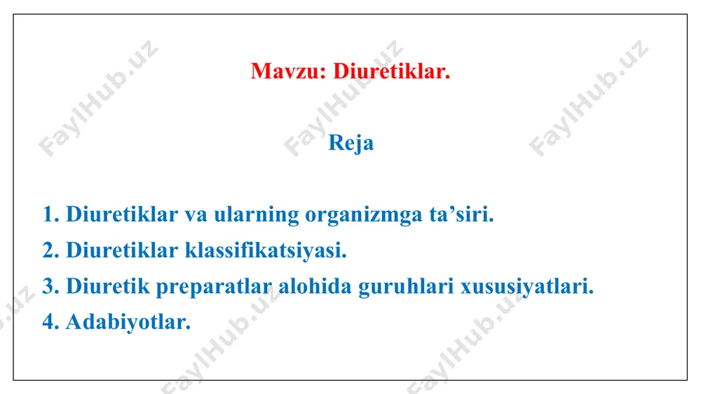 an ao’f ingibitorlari, kalsiy antagonistlari), osmotik diuretiklar; b. proksimal kanalchalarga: karboangidraza ingibitorlari (diakarb), osmotik diuretiklar(mannit); v. genli qovuzlog’ining ko’tariluvchi qismiga: qovuzloq diuretiklari (furosemid, uregit, torasemid); g. genli qovuzlog’ining ko’tariluvchi qismi kortikal soxasi va distal kanalcha boshlang’ich qismiga: tiazidli (dixlotiazid) va tiazidsimon (indapamid, klopamid) diuretiklar; d. distal kanalcha oxirgi qismiga va yig’uvchi kanalchalarga: aldosteron antagonistlari (spironolakton, triamteren, amilorid). 2. klinik ta’sir kuchiga ko’ra: a) kuchli, tez ta’sir qiluvchi diuretiklar: dv na+ reabsorbsiyasi buzishi ya’ni natriyuretik ta’siri bilan bog’liq. qanchalik tez na+ chiqib ketsa, unga mos ravishda shuncha suv chiqib ketadi (siydik ajralishi 8 ml/daq dan yuqori) -filtrlangan natriyning 15-25 %ini ekskretsiya qiladigan: qovuzloqli diuretiklar. -suvli diurez chaqiruvchilar: osmotik diuretiklar. b) o’rtacha kuchli, filtrlangan natriyning 5-10 %ini ekskretsiyalaydi: tiazidli va tiazidsimonlar. v) kuchsiz, filtrlangan natriyning 5% dan kam qismini ekskretsiyalaydi: kag ingibitorlari va kaliy saqlovchi diuretiklar. 3. diurez olish tezligi va uning davomiyligiga ko’ra: a) kuchli diuretiklar, tez va nisbatan qisqa muddatli …