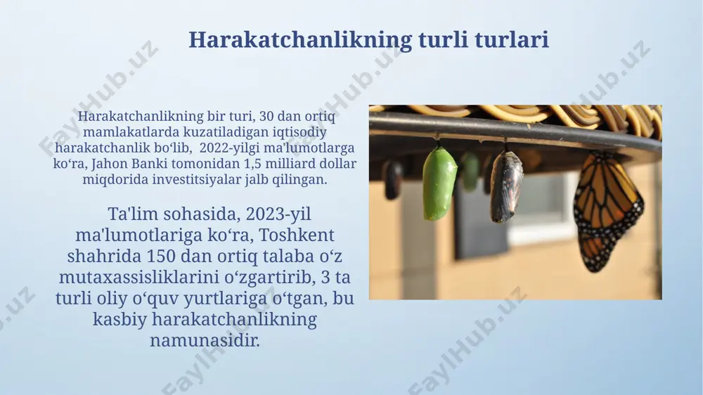 kdagi tadqiqotlar, 15 ta mintaqada harakatchanlik va reduktiv jarayonlarning o'zaro ta'sirini kvantitativ tahlil qilishga qaratilgan. kelajakdagi tadqiqotlar, 5 yil ichida 100 dan ortiq namunani o'z ichiga olgan, toshkentdagi ilm-fan markazlarida o'tkazilishi rejalashtirilgan bo'lib, harakatchanlik mexanizmlarini chuqurroq tushunishga qaratilgan. e'tiboringiz uchun rahmat @taqdimot_robot image4.png image5.jpg image6.jpg image7.jpg image8.jpg image9.jpg image10.jpg image11.jpg image12.jpg image13.jpg image14.jpg image15.jpg image16.jpg image17.jpg image18.jpg image19.jpg image20.jpg image21.jpg image3.jpeg