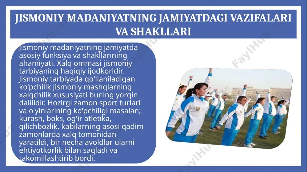 holda ishlatiladi. jismoniy madaniyat funksiyalarida uni faoliyat mazmuni, shu bilan birga xar bir shaxs uchun va umuman jamiyat uchun ahamiyati oshib boriladi. jismoniy madaniyatni funksiyalari, har qanday funksiyalar singari ma'lum shakllar bilan amaliyotda ko'rinishi bo'yicha ajratib bo'lmaydi. «shakllari» tushunchasi bu yerda, jismoniy madaniyat tuzilishi jihatidan turi, ko'rinishi va har xil turligi bilan farqlanishi tushuniladi. «turlari» deb jismoniy madaniyatni elementlarga nisbatan katta birikmasini uni tuzilishi bo'yicha funksiyalari bilan bog'langanligiga aytiladi. har xil turliligi deb katta bo'lmagan shakllarni, har xil turlarda bo'lishi tushuniladi. masalan jismoniy madaniyatni ko'rinishi deb ishlab chiqarish jismoniy madaniyatni olsak, uni har xil turliligi ishlab chiqarish gimnastikasi kirish gimnastikasi tushuniladi. jismoniy madaniyat xaqiqiy funksiyalarini tahlil qilishni quyidagi metodologik holatlar ko'rsatadi: jismoniy madaniyatni u yoki bu funksiyasini ko'rinish belgisi bo'lib oxirgi hisobda uning o'ziga xos ob'ektiv xususiyatlari hisoblanadi. masalan jismoniy madaniyatga, ruhiy madaniyatni hamma funksiyalarni ob'ektiv ravishda boshqara olmaydi. jismoniy madaniyatni maxsus funksiyalari, madaniyatni boshqa turlariga ta'luqli bo'lmagan, alohida xususiyatga …