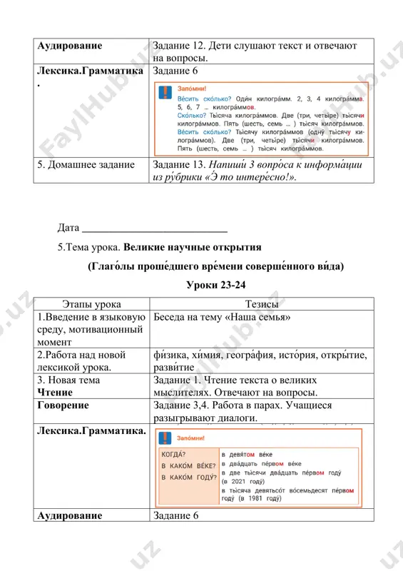 льных отве́тов. лексика.грамматика. задание 9. выполняется письменно. 5. домашнее задание письмо задание 10. пи́сьменно отве́ть на вопро́сы. 1. каки́е предме́ты ты лю́бишь изуча́ть? 2. како́й вид спо́рта тебе́ нра́вится? дата ___________________________ 9.тема урока. моё свободное время (составны́е поря́дковые числи́тельные. обозначе́ние вре́мени) уроки 27-28 этапы урока тезисы 1.введение в языковую среду, мотивационный момент беседа на тему «моё любимое занятие» 2.работа над новой лексикой урока. записа́ться, свобо́дное вре́мя, плани́ровать, люби́мое де́ло, занима́ться 3. новая тема чтение задание 1. работа над текстом. «рассказ умиды». чтение и ответы на вопросы. аудирование заданиеи 5. послу́шай расска́з мансу́ра о его́ увлече́ниях и отве́ть на вопро́сы. говорение задание 2. работа в паре. чтение диалога. лексика.грамматика. 5. домашнее задание письмо задание 6. спиши́. вставь, где э́то необходи́мо, пропу́щенные оконча́ния. ци́фры пиши́ словами. дата ___________________________ 10.тема урока. моё свободное время (составны́е поря́дковые числи́тельные. обозначе́ние вре́мени) уроки 27-28 этапы урока тезисы 1.введение в языковую среду, мотивационный момент беседа на тему …