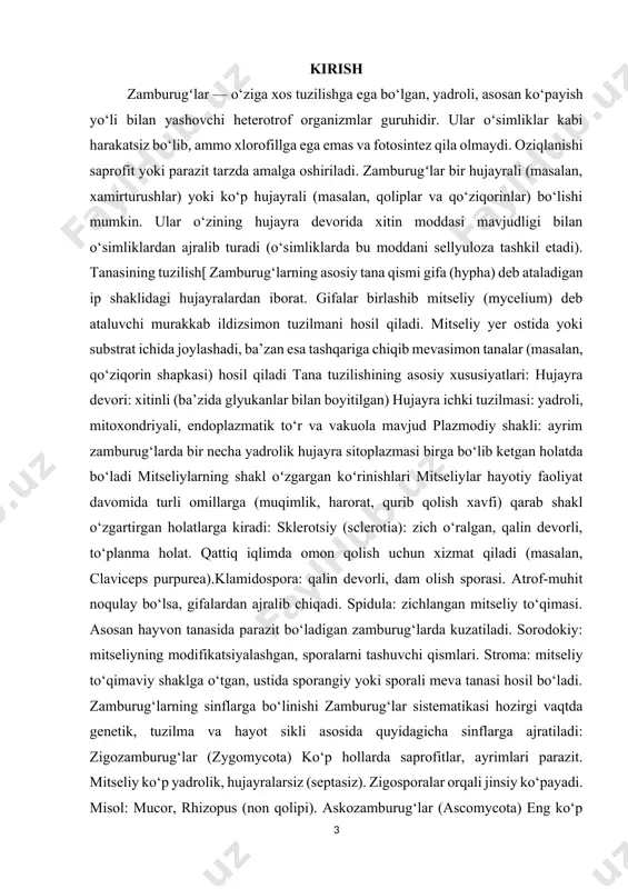 davomida turli omillarga (muqimlik, harorat, qurib qolish xavfi) qarab shakl o‘zgartirgan holatlarga kiradi: sklerotsiy (sclerotia): zich o‘ralgan, qalin devorli, to‘planma holat. qattiq iqlimda omon qolish uchun xizmat qiladi (masalan, claviceps purpurea).klamidospora: qalin devorli, dam olish sporasi. atrof-muhit noqulay bo‘lsa, gifalardan ajralib chiqadi. spidula: zichlangan mitseliy to‘qimasi. asosan hayvon tanasida parazit bo‘ladigan zamburug‘larda kuzatiladi. sorodokiy: mitseliyning modifikatsiyalashgan, sporalarni tashuvchi qismlari. stroma: mitseliy to‘qimaviy shaklga o‘tgan, ustida sporangiy yoki sporali meva tanasi hosil bo‘ladi. zamburug‘larning sinflarga bo‘linishi zamburug‘lar sistematikasi hozirgi vaqtda genetik, tuzilma va hayot sikli asosida quyidagicha sinflarga ajratiladi: zigozamburug‘lar (zygomycota) ko‘p hollarda saprofitlar, ayrimlari parazit. mitseliy ko‘p yadrolik, hujayralarsiz (septasiz). zigosporalar orqali jinsiy ko‘payadi. misol: mucor, rhizopus (non qolipi). askozamburug‘lar (ascomycota) eng ko‘p tarqalgan va xilma-xil guruh mitseliy septali (bo‘linmalarga ega). aska (ascus) deb ataluvchi maxsus hujayrada askosporalar hosil qiladi. misol: saccharomyces cerevisiae (xamirturush), claviceps purpurea. bazidiyali zamburug‘lar (basidiomycota mevasimon tana (shapka va oyok)li qo‘ziqorinlar. bazidiy deb ataluvchi hujayrada bazidiospora …