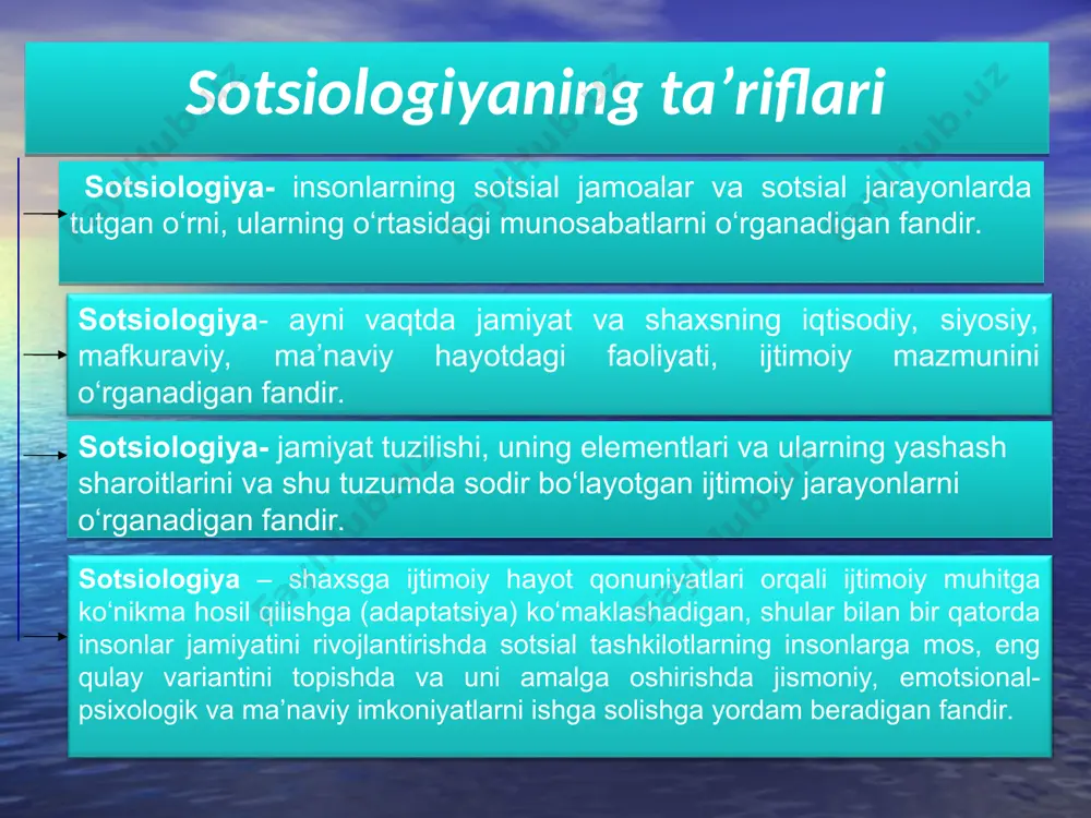 bu nasr forobiy abu nasr forobiy o’zining «fozil shahar ahli qarashlari haqida kitob», «siyosat al-madaniya» kabi asarlarida olijanob jamiyat, adolatli tuzum, odil hukmdorlar haqida o’z fikr mulohazalarini bayon qilgan. «fozillar shahrining birinchi boshlig’i, - deb ta'kidlagan forobiy, shu shahar aholisiga imomlik qiluvchi oqil kishi bo’lib, u tabiatan un ikkita xislat – fazilatni o’zida birlashtirgan bo’lishi zarur». u madaniy jamiyat va madaniy shahar shunday bo’ladiki, shu mamlakatning aholisi ijtimoiy jixatlarini shaxsiy kuzatishlari, ilmiy jixatdan namunali, har bir odam kasb hunarda ozod, hamma barobar bo’ladi, kishilar o’rtasida farq bo’lmaydi, har kim o’zi istagan yoki tanlagan kasb-hunar bilan shug’ullanadi. abu rayxon beruniy abu rayxon beruniy o’zining «qadimgi xalqlardan qolgan yodgorliklar», «mineralogiya», «hindiston» kabi asarlarida ijtimoiy xayot masalalari yoritilgan. «mineralogiya» asarining muqaddimasida inson va uning ijtimoiy ahvoli, erdagi burchi, oliyjanobligi, shuningdek jamiyat xayoti, ijtimoiy adolat tugrisidagi qimmatli fikrlarni bayon etgan. beruniy tom ma'noda o’z davri etnosotsiologi ham edi. «etnosotsiologiya – etnos – millat, logos …