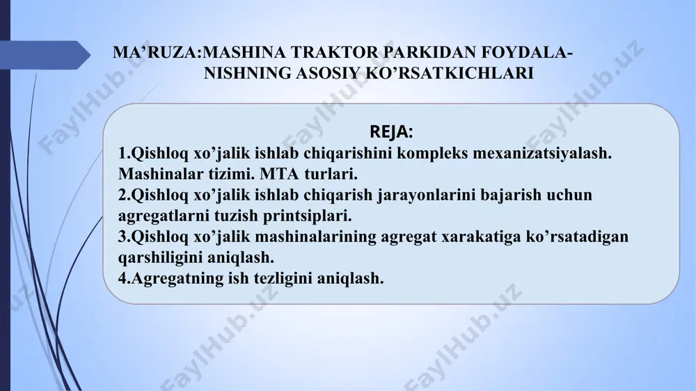 ikaviy sabablarga ko’ra to’xtab turishlarini keskin kamaytirish: qishloq xo’jalik korxonalari va korxonalararo birlashmalar mtp larida avtomatlashtirilgan boshqarish tizimlarini ishlab chiqish va amalga oshirish: mashina va agregatlarda mexanizator-xaydovchilar uchun ish sharoitini yaxshilovchi vosita va qurilmalar yaratish va ishga solish. ishlab chiqarish jarayoni sarflanadigan energiya turiga va foydalaniladigan texnik vositalarning darajasiga qarab: qo’l mehnati bilan bajariladigan (mexanizatsiyalash-tirilmagan); mexanizatsiyalashgan; elektrlashtirilgan; avtomatlashtirilgan ishlab chiqarish jarayonlari xarakatchanglik darajasiga ko’ra: ko’chma jarayonlar statsionar jarayonlar texnologik jarayon- transport jarayonlari * ishlab chiqarish sharoitlar va texnologik talablarni e’tiborga olgan xolda quyidagi mashinalar tizimidan foydalaniladi. ayrim qishloq xo’jalik ekinlarini yetishtirish uchun mashinalar tizimi; qishloq xo’jalik ishlab chiqarishining ayrim tarmoqlarini kompleks mexanizatsiyalashtirish uchun mashinalar tizimi; biror ishlab chiqarish jarayonini mexanizatsiyalashtirish uchun mashinalar tizimi; alohida qishloq xo’jalik korxonalarida ishlab chiqarish jarayonlarini kompleks mexanizatsiyalashtirish uchun mashinalar tizimi; mavjud qishloq xo’jalik mintaqalarida ishlab chiqarish jarayonlarini kompleks mexanizatsiyalashtirish uchun mintaqaviy mashinalar tizimi. agregat -texnologik operatsiya, ish yoki vazifani bajara oladigan texnikaviy vosita bo’lib, u …