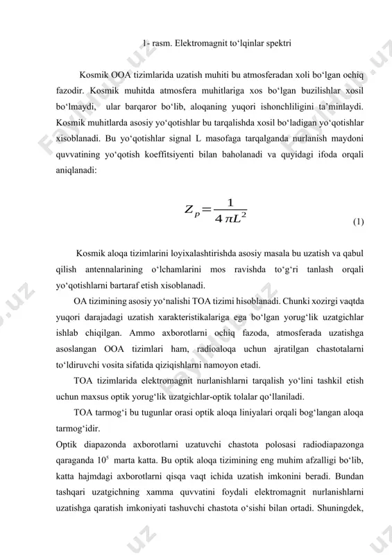 radorligi oshadi. bu ikki xususiyat mutaxassislarning optik aloqa tizimlariga qiziqishlarini aniqlaydi. axborotni toa liniyalari orqali uzatish mis kabellar va boshqa uzatish muhitlariga qaraganda bir qancha afzalliklarga ega. shu afzalliklari tufayli toa tizimidan nafaqat telefon aloqasini tashkil etishda, balki televideniyeda, ovoz eshittirishlarini uzatishda, hisoblash texnikasida, transport vositalarida va boshqa sohalarda keng foydalanilmoqda. tolali optik aloqaning afzalliklari quyida keltirilgan. o‘tkazish oralig‘ining kengligi. bu tashuvchi chastotasining juda yuqoriligi 1014 _ 1015 gts bilan tushuntiriladi. bitta optik tola bo‘ylab sekundiga bir necha terabit axborotlar oqimini uzatish imkoniyati mavjud. o‘tkazish oralig‘ining kengligi tolali optik aloqaning mis va boshqa axborot uzatish muhitlaridan ustun turuvchi eng muhim afzalligidir. optik tolada yorug‘lik signallarining kam so‘nishi. xozirgi kunda ko‘plab kompaniyalar tomonidan ishlab chiqarilayotgan optik tolalar 1 kanal kilometr hisobida 1,55 mkm to‘lqin uzunligida 0,2-0,3 db/km so‘nishga ega. so‘nish va dispersiya qiymatlarining kichikligi optik signallarni toa liniyalari bo‘ylab retranslyatsiyasiz 100 km va undan uzoq masofalarga uzatish imkonini beradi. shovqin sathini …