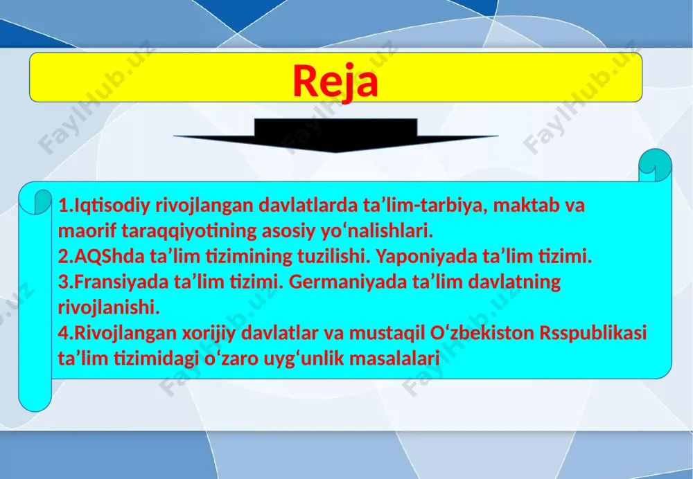 onlar kiradi. bunday regionga eng yorqin misol sifatida g’arbiy yyevropani keltirish mumkin. birlik g’oyasi 1990 yillardan g’arbiy yyevropa davlatlarida ta’lim islohotlarining asosiga aylandi. birinchi turga mansub regionlarga shuningdek, aqsh va kanada kabilarni ham kiritish mumkin. jahonda integratsion jarayonlarning generatori sifatida yangi osiyo-tinchokeani regioni ham shakllanmoqda. unga koreya, tayvan, singapur va gonkong, shuningdek, malayziya, tayland, filippin va indoneziya kabi davlatlarni kiritish mumkin. ikkinchi turga integratsion jarayonlarga muvaffaqiyatli javob qaytarayotgan hududlar tegishli. birinchi navbatda bu lotin amerikasi davlatlaridir. tarixda bo’lgani singari bugungi kunda ham lotin amerikasiga integratsion o’choqlar zonasi sifatida aqsh va g’arbiy yyevropa tomonidan ta’sir ko’rsatilmoqda. uchinchi tur ta’lim jarayoni integratsiyasiga kam e’tibor qaratayotgan regionlar kiradi. mazkur guruhga saxara janubidan boshlab afrika davlatlarining katta qismi, janubiy va janubiy-sharqiy osiyoning qator davlatlari, tinch va atlantika okeani havzasidagi uncha katta bo’lmagan orol davlatlarini kiritish mumkin. afrika davlatlarida maktab ta’limining davomiyligi minimal daraja – 4 yildan kam. mazkur hududlarda aholining ko’pchiligi savodsiz. masalan, janubiy …