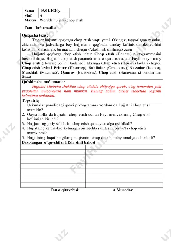 ta jadallik bilan oddiy pochta o'rnini egallab bormoqda. chunki elektron pochta orqali yuborilgan xabar dunyoning istagan yeriga sanoqli daqiqalarda yetib boradi. elektron pochta matn, turli chizmalar bilan bir qatorda tovushli va video xabarlar yuborish imkonini ham beradi. elektron pochta foydalanuvchilari o'z elektron cdreslariga ega bo'lib, uni web-sahifa adresidan oson ajratish mumkin: @ . elektron pochta adresida albatta "@" ("tijoratdagi et" yoki boshqacha nomi "kuchukcha") belgisi qatnashadi. masalan, rtm@uzsci.net. internet tizimida maxsus web-saytlar orqali ham elektron pochta qutisiga ega bo'lish mumkin. mail.ru, rambler.ru kabi bir qancha web-saytlar shular jumlasiga kiradi. qo’shimcha ma’lumotlar · internetga ulangan o'z shaxsiy kompyuteringiz bo'lishi shart emas. · elektron pochtangizdan dunyoning ixtiyoriy chekkasida foydala-nishingiz mumkin nazorat savollari 1. elektron pochtaning oddiy pochtadan asosiy afzalligi nimada? 2. uyingizdagi pochta qutisi bilan elektron pochta qutisining qanday farqi bor? 3. elektron pochtaning oddiy pochta bajara olmaydigan qanday imkoniyatlarini bilasiz? baxolangan o’quvchilar fish. sinfi bahosi fan o’qituvchisi: a.murodov sana: 11.04.2020y. sinf: …