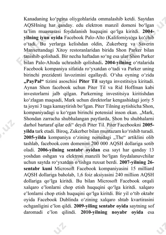 ektorlar kengashidagi joriy 5 ta joyni 3 taga kamaytirish boʻlgan. piter tilning aytishicha shon, kompaniyadagi u koʻrgan birinchi potensial inson ekan. „mark, shondan zarracha shubhalangan paytlarda, shon bu shubhalarni darhol bartaraf qilar edi“ deydi piter til. piter facebookni 2005-yilda tark etadi. biroq, zukerber bilan muntazam koʻrishib turadi. 2005-yilda kompaniya oʻzining nomidagi „the“ artiklini olib tashlab, facebook.com domenini 200 000 aqsh dollariga sotib oladi. 2006-yilning sentabr oyidan esa sayt har qanday 13 yoshdan oshgan va elektron manzili boʻlgan foydalanuvchilar uchun saytda roʻyxatdan oʻtishga ruxsat berdi. 2007-yilning 26-sentabr kuni microsoft facebook kompaniyasini 15 milliard aqsh dollariga baholab, 1,6 foiz aksiyasini 240 million aqsh dollariga qoʻlga kiritdi. bu bilan microsoft facebook orqali xalqaro eʼlonlarni chop etish huquqini qoʻlga kiritdi. xalqaro eʼlonlarni chop etish huquqini qoʻlga kiritdi. bir yil oʻtib oktabr oyida facebook dublinda oʻzining xalqaro shtab kvartirasini ochganligini eʼlon qildi. 2009-yiling sentabr oyida saytning sof daromadi eʼlon qilindi. 2010-yilning noyabr oyida esa secondmarket …
