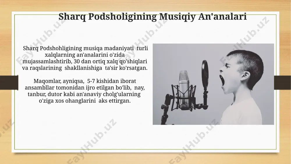 usiqa janrlari, shu jumladan maqom va shashmaqomning ilk shakllari mavjud bo'lgan. sharq podsholigi madaniyati boy va xilma-xil bo'lib, xiva, buxoro va samarqand shaharlarida 100 dan ziyod tarixiy yodgorliklar, masjidlar va madrasalar saqlanib qolgan, ularning me'morchiligi musiqa va san'atga ta'sir ko'rsatgan. sharq musiqasining jahon madaniyatiga hissa qo'shishi buxoro va samarqand kabi shaharlar sharq musiqa maktablarining rivojlanishiga katta ta'sir ko'rsatib, 500 dan ortiq musiqa asarlari va kompozitsiyalarni dunyoga tarqatgan. sharq musiqasining, ayniqsa, tasavvuf musiqasi an'analarining 20-asr boshlarida yevropa va amerika mamlakatlariga yetib borishi, jahon musiqa madaniyatiga yangi ovozlar qo'shgan. sharq musiqasining tarixiy ildizlari 15-18 asrlarda, movarounnahr hududida, turli xalqlar musiqa an'analari sinteziga asoslangan yangi musiqa janrlari paydo bo'lib, 50 dan ortiq turdagi musiqa asboblari qo'llanilgan. buxoro, samarqand kabi yirik shaharlar o'rta asrlarda sharq musiqa madaniyatining muhim markazlariga aylanib, 10-13 asrlarda maqom san'atining rivojlanishiga sezilarli hissa qo'shgan. xalq cholg'ulari va ularning o'rni qo'shma shtatlardagi 5 ta yirik muzeyda sharq xalq cholg'ularining 150 dan …