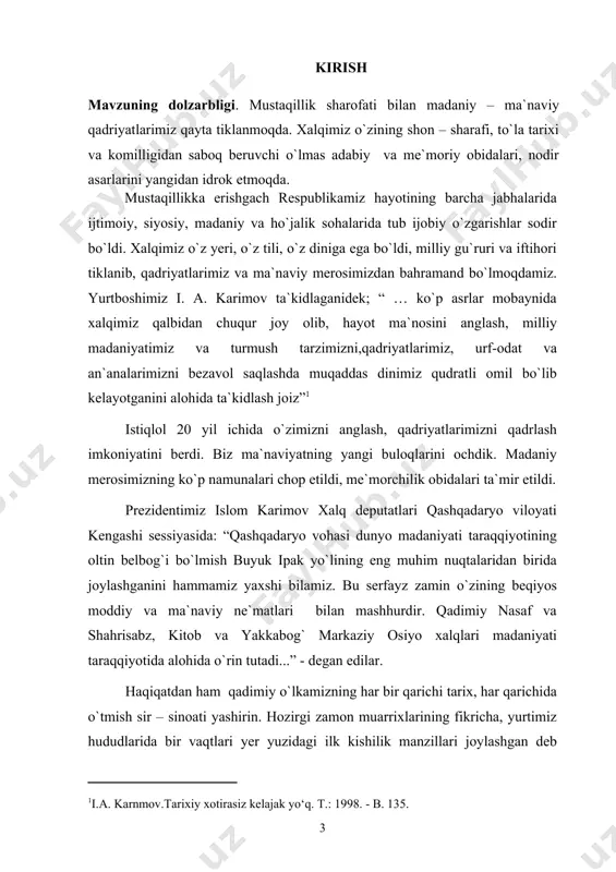 assаviy, shаyх nаjmiddin kubrо, хоdа аbdul хоliq g`ijduvоniy, shаyх sаfuddin buхоriy – bохаrziy, sаyid bаhоuddin nаqshbаnd, хo`jа аhrоr vаli, hаzrаti bеshir, sаyid nuriddin ne`mаtillо, mаvlоnо хo`jаi dаrvеsh, muhаmmаd vахsuvоriy singаri quddusiy zоtlаrning nоmlаri tаg`in ehtirоm ilа tilgа оlinib, ulаr hаqidа mаqоlа vа kitоblаr yozildi. kitob tumani aholisi an`anaviy madaniyatining etnik va lokal xususiyatlarini tarixiy-etnologik nuqtai nazardan tadqiq etish, bizningcha, asosan, quyidagi omillarga ko`ra o`ta dolzarb ilmiy muammolardan biri hisoblanadi: - birinchidan, hozirgi davrga qadar o`zbek xalqi etnologiyasida kitob tumani etnomadaniyati yaxlit bir ilmiy muammo sifatida etnografik materiallar asosida chuqur, har tomonlama kompleks tarzda tadqiq qilinmagan; - ikkinchidan, o`zbek xalqi an`anaviy turmush tarzi, moddiy madaniyatining shakllanishi va rivojlanishida kitob tumanining ham o`ziga xos o`rni bor. aynan mazkur xududda o`zbekona milliy xususiyatlar ko`zgusy va asl durdonalari bo`lgan ko`plab etnomqlliy an`ana, marosim va bayramlar juda yaxshi saqlanib qolgan. bu esa mazkur mintaqaning azaliy avtoxton aholisi bo`lgan o`zbek xalqining ma`naviyati va millliy madaniyatining nechoglik …