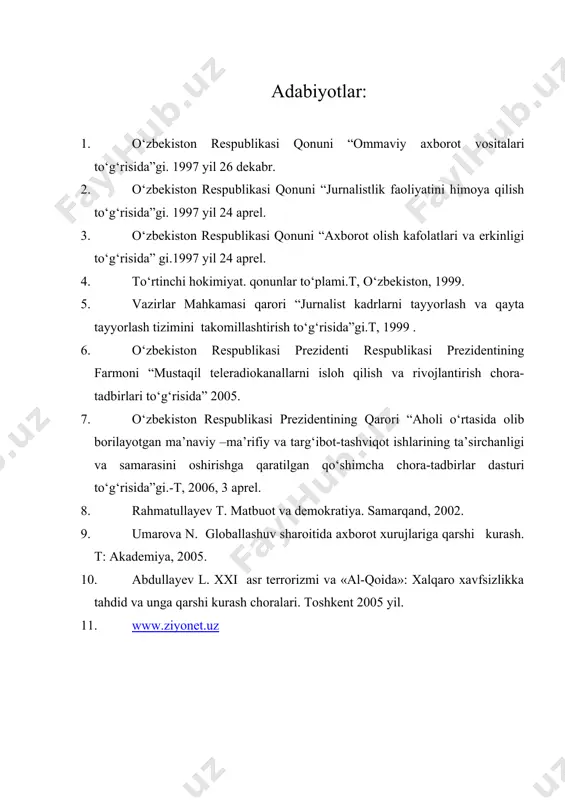 ashqi madaniy xususiyatlarni oson o`zlashtiradi, lekin shunga qaramasdan o`zligini saqlab qoladi. insoniyat tarixining asosiy qismi har ikkala yo`nalishning ma`lum cheklangan hududlari doirasida, ammo «tellurokratiya»ning umumjahon miqyosidagi ustuvorligi sharoitida rivojlangan. quruqlik unsuri butun sivilizatsiyaga o`z ta`sirini o`tkazadi, «suv» (dengiz, okean) unsuri esa ayrim paytlarda va muayyan hududlardagina namoyon bo`ladi. quruqlik va suv dualizmi ma`lum vaqtgacha jug`rofiy jihatdan dengiz qirg`oqlari, daryo havzalarida va boshqa hududlar doirasida qolishi mumkin. qarama-qarshilik sayyoraning turli joylarida, turli shakllarda rivojlanadi. ta`kidlash joizki, geosiyosiy qonuniyatlar siyosiy tarix, diplomatiya tarixi hamda strategik rejalashtirish va tahlil etishda ayniqsa qo`l keladi. ushbu fan sotsiologiya, siyosatshunoslik, etnologiya, harbiy strategiya, diplomatiya, din tarixi kabi ko`pgina fanlar bilan kesishuv nuqtalariga ega. ayrim mutaxassislar ushbu fanning ko`pgina hollarda iqtisodiyot bilan ham uzviy bog`liqligini nazarda tutib, «geoiqtisodiyot» deb nomlangan fanni kiritish taklifini ilgari surgan. adabiyotlar: 1. o‘zbekiston respublikasi qonuni “ommaviy axborot vositalari to‘g‘risida”gi. 1997 yil 26 dekabr. 2. o‘zbekiston respublikasi qonuni “jurnalistlik faoliyatini himoya qilish to‘g‘risida”gi. …