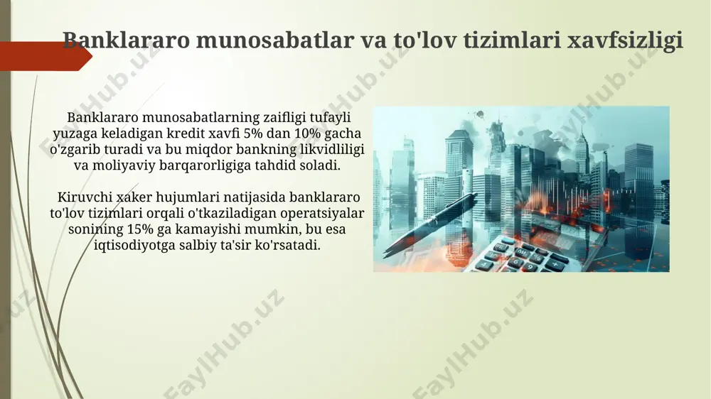 bankning kredit portfeli xavfini kamaytirish uchun diversifikatsiya strategiyasi qo'llaniladi, bu esa kamida 5 ta turdagi aktivlar bo'yicha kreditlarning taqsimlanishini nazarda tutadi. xavflarni aniqlash va baholash jarayoni kamida har chorakda takrorlanadi va natijalar boshqaruv kengashiga 10 kun ichida taqdim etiladi. operatsion risklar киберхужумлар натижасида банк операцияларининг 30% гачаси тўхтаб қолиши мумкин, бу эса молиявий йўқотишларга ва мижозларнинг ишончини йўқотишига олиб келади. кучли киберхавфсизлик тизими зарур. носозлик ва техник муаммолар операцион хавф-хатарларнинг 40% ни ташкил этади ва бу банк хизматларининг узлуксизлигини таъминлаш учун замонавий технологиялар ва мунтазам техник хизмат кўрсатишни талаб қилади. e'tiboringiz uchun rahmat @taqdimot_robot image1.jpg image2.jpg image3.jpg image4.jpg image5.jpg image6.jpg image7.jpg image8.jpg image9.jpg image10.jpg image11.jpg image12.jpg image13.jpg image14.jpg image15.jpg image16.jpg image17.jpg