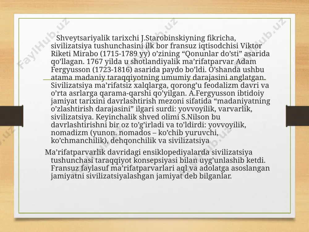 isr, arab, meksika, vavilon va boshqa sivilizatsiyalarni tadqiq etish natijasida “...tabiiy muhitdagi va odamlar tegrasidagi yashash sharoitlarining og’irligi sivilizatsiyaning vujudga kelishiga sabab bo’ladi”, -degan xulosaga keladi. toynbi sivilizatsiyalarga “evolyutsion tipdagi faol tuzilmalar” sifatida yondashib, har bir sivilizatsiyada tarixiy mavjudlikning asosiy bosqichlari: vujudga kelish, rivojlanish, tanazzulga uchrash va zavol topishni farqlagan. bu asosiy bosqichlardan o’tgach, sivilizatsiya, odatda, halok bo’ladi va uning o’rnini boshqa sivilizatsiya egallaydi. nemis faylasufi k.yaspers (1883-1969 yy.) o’zining “tarix manbalari va uning maqsadi” asarida sivilizatsion taraqqiyotning bosqichma-bosqich rivojlanishi konsepsiyasini ilgari surdi: tarixgacha bo’lgan davr, qadimgi davr madaniyati, vaqt o’qi (jahon tarixining boshlanishi), texnik davr (yagona jahon tarixiga o’tish). uning fikricha tarixning mazmuni va negizi butun insoniyat uchun umumiy bo’lgan e’tiqod bilan belgilanadi. mazkur e’tiqod insoniyat vakillarini bir-biridan ajratmaydi, balki jipslashtiradi. insoniyatga bunday e’tiqodni biron-bir jahon dini yoki milliy din taklif qilolmaydi sotsiolog p.sorokin (1889-1968) insoniyat madaniyatining butunjahon-tarixiy taraqqiyoti nazariyasini yaratdi. u bu taraqqiyotni markaziy mazmunga yoki mentallikka ega …