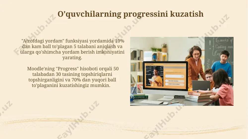 n holda, 500 tagacha ishtirokchini bir vaqtning o'zida kursga import qilish mumkin, bu esa vaqtni tejashga yordam beradi. dars materiallarini yuklash moodle’ga 50 mb dan katta hajmdagi fayllarni yuklashda, zip arxividan foydalanish tavsiya etiladi, bu esa yuklash tezligini va server yuklamasini kamaytiradi. dars materiallarini turli formatlarda (pdf, docx, pptx, video, audio) yuklash mumkin, lekin talabalarga qulaylik yaratish uchun 2-3 ta asosiy formatdan foydalanish maqsadga muvofiq. kursni nashr etish moodle'da kursni nashr etishdan oldin, uning barcha bo'limlari va resurslari to'liq ko'rib chiqilishi va kamida 2 marta tekshirilishi kerak, xatolarni bartaraf etish uchun. kursni nashr etishdan avval, kamida 3 ta o'quv moduli va har biriga 5 tadan topshiriq qo'shish tavsiya etiladi, bu talabalarning faol ishtirokini ta'minlaydi. kurs formatini tanlash "weeks" yoki "topics" formatlari kabi standart formatlardan tashqari, "social format" yoki "site" formatlari kabi o'ziga xos formatlardan ham foydalanishingiz mumkin, bu esa navigatsiya va taqdimot uslubini o'zgartiradi. kurs formatini tanlashda, 10 dan ortiq …