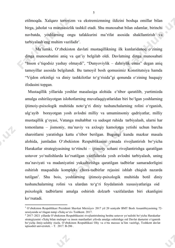 : 2017–2021 yillarda o‘zbekiston respublikasini rivojlantirishning beshta ustuvor yo‘nalishi bo‘yicha harakatlar strategiyasini «xalq bilan muloqot va inson manfaatlari yili»da amalga oshirishga oid davlat dasturini o‘rganish bo‘yicha ilmiy-uslubiy risola. o‘zbekiston respublikasi oliy va o‘rta maxsus ta’lim vazirligi, toshkent davlat iqtisodiѐt universiteti. – t. 2017. b-206 . ] mazkur tadqiqot ishi ma’lum darajada о‘zbekiston respublikasi prezidentining 2017-yil 7-fevraldagi pf–4947-son «о‘zbekiston respublikasini yanada rivojlantirish bо‘yicha harakatlar strategiyasi tо‘g‘risida»gi farmoni va 2016 yil 14 sentabrdagi о‘rq–406- son «yoshlarga oid davlat siyosati tо‘g‘risida»gi qonunida belgilangan vazifalarni amalga oshirish uchun xizmat qiladi. bitiruv malakaviy ishining о‘rganilganlik darajasi: yoshlarda botil diniy tushunchalarning shakllanishining ijtimoiy- psixologik xususiyatlarini nazariy va empirik tadqiq etishni tashkil etishda, mazkur tadqiqot ishi doirasida – s.moskovichi tomonidan ishlab chiqilgan shaxsning ijtimoiy bir xilligi sifatidagi diniy bir xillik konsepsiyasi, i.s.shemetning ruhiyatga integrativ yondashuv metodologiyasi, g.olport[footnoteref:3] taklif etgan dinning «kо‘p omilli» psixologik ildizlari nazariyasi, a.g.asmolov, g.l.bardiyer, g.u.soldatova kabi olimlar tomonidan ishlab chiqilgan shaxslararo munosabatlarda tolerantlikni tadqiq …