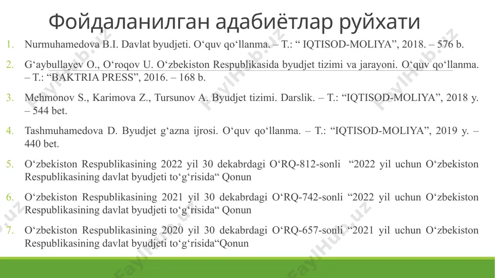ўллари бўйича асосий кўникмалар ҳосил қилишдан иборат. бюджет – бу давлат ва маҳаллий ўз-ўзини бошқариш вазифалари ва функцияларини молиявий таъминлаш учун мўлжалланган пул маблағлари жамғармаларини тўплаш ва сарфлаш шаклидир. бюджет муносабатлари – бу жамият иқтисодий тизимининг ажралмас қисмидир, унинг амал қилиши давлат томонидан унга тегишли функцияларни бажариши учун зарурий моддий-молиявий базани шакллантириш билан объектив равишда аниқланади. давлат бюджети олдида ҳал қилиниш лозим бўлган муаммолар маҳаллий бюджетлар даромадлаир базасини мустаҳкамлаш асосида бюджет имкониятларини ошириш мамлакат тараққиётининг устувор йўналишлари бўйича бюджет харажатларини реструктуризация қилиш бюджет ёрдамида тартибга солиш механизмини такомиллаштириш бюджет маблағларидан самарали фойдаланиш устидан назоратни кучайтириш давлатнинг харажатлар ва даромадларини ягона умумий сметага (бюджетга) бирлаштиришга биринчи уриниш англияда «budget» термини “сумка, ҳамён, пулли қоп” англия ғазначилиги вазирининг пул ва ҳисоботлари солинган портфели “ғазначилик вазирининг парламент олдидаги ҳисоботи” xvii аср охирида xix аср бошига келиб, дунёнинг кўпгина мамлакатлари давлатнинг даромадлари ва харажатлари акс эттириладиган бюджетларни шакллантира бошладилар 6 xvi-xvii асрларда англияда қуйи …
