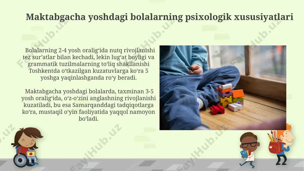 shlar guruhi va uning ta'siri сурхондарё вилоятидаги мактабларда ўтказилган сўровнома натижаларига кўра, тенгдошлар гуруҳининг фикрига кўра, ўсмирларнинг 45%и ўз кичик гуруҳларидаги қарорларнинг таъсирига тушиб қоладилар. 10-13 ёшдаги ўсмирларда тенгдошлар гуруҳининг таъсири жуда кучли бўлиб, уларнинг ўзлигини англаши, хулқ-атвори ва ҳаттоки академик муваффақиятларига тошкент шаҳридаги тадқиқотларда аниқ кўринган. e'tiboringiz uchun rahmat @taqdimot_robot image6.jpg image7.jpg image8.jpg image9.jpg image10.jpg image11.jpg image12.jpg image13.jpg image14.jpg image15.jpg image16.jpg image17.jpg image18.jpg image19.jpg image20.jpg image21.jpg image22.jpg image1.png