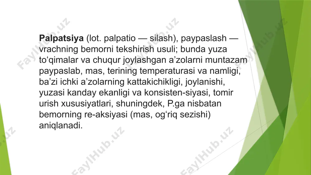 kshirishning asosiy usullaridan biri sifatida qorin bo'shlig'i o'tgan asrning oxiridan beri keng qo'llanila boshlandi, 1887 yilda mahalliy klinisyen v.p.obraztsov birinchi marta qorin bo'shlig'ini maqsadli palpatsiya qilish natijalarini batafsil tasvirlab bergan. "bemorning oshqozonini gorizontal holatda palpatsiya qilganda, - deb yozadi v.p. obraztsov, - men kindik ostidagi uchta barmoqni, o'rta chiziq bo'ylab, ichakni ancha qalin, yuqoriga va pastga siljiydigan, shivirlamaydigan silindr shaklida his qildim. shubhasiz, gipoxondriyaga ko'tarilgan va ularning orqasida yashiringanlarni o'ngga va chapga kuzatish kerak edi. xuddi shu ravshanlik va aniqlik bilan ... men yana ikkita tsilindrni yon tomonlarga, pastga tushayotganini his qildim, ulardan biri chap tomonda sigmasimon ichakka, ikkinchisi o'ngda ko'r ichakka o'tdi. to'g'ridan-to'g'ri fizikaviy tekshirishning ushbu usuli "metodik chuqur palpatsiya" deb nomlanadi, chunki u shifokor tomonidan bir vaqtning o'zida statik (qorin bo'shlig'i terisi va organ devori bilan aloqa) va dinamik (penetratsiya) sezgi natijalarini birlashtiradi. shifokorning qo'li yoki barmoqlari chuqur, pastki organni bosib, sirpanish) palpatsiya. barmoqlarni cho'ktirish bemorning har bir …
