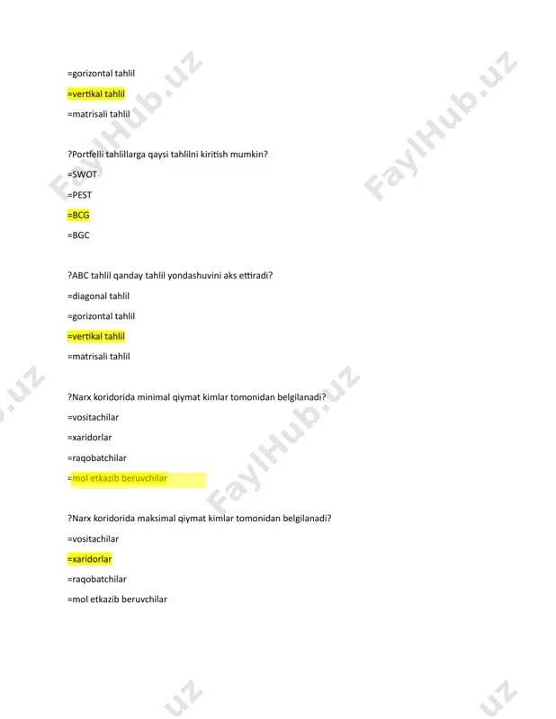 diy omillar =ijtimoiy omillar =texnologik omillar ?marketing bu ...... =bozor faoliyati =iste'molchiga, umuman jamiyatga yo'naltirish =tadqiqotlar natijasidagi bozor taklifi =ishlab chiqarish xarajatlarini kamaytirish ?marketing fani asoschisi kim? =f.kotler =r.butler =b.vladislav =k.marks ?birinchi marketing kurslari qaysi yilda o'qitila boshlangan? =1902 =1920 =1898 =1880 ?marketingning vatani hisoblanadi ..... =aqsh =yaponiya =avstraliya =braziliya ?f.kotler marketing kontseptsiyasini nechtaga ajratdi? =5 =3 =4 =2 ?marketing funksiyasi necha guruhga bo'linadi? =4 =3 =2 =6 ?quyidagilardan savdo funksiyasiga tegishli harakatlarni toping? =maqsadli mahsulot siyosatini olib borish =yangi tovarlar ishlab chiqarishni tashkil etish =yangi texnologiyalarni qo'llash =iste'molchilarni o'rganish ?xalqaro savdo palatasi qaysi yilda tashkil etilgan? =1920 =1921 =1924 =1926 ?quyidagilardan analitik funksiyaga tegishli harakatlarni toping? =korxonaning ichki va tashqi muhitini tahlil qilish =yangi mahsulotlarni yaratish =yaratish tovarlarni taqsimlash tizimi =yangi texnologiyalarni qo'llash = ?marketing tadqiqotlari necha turga bo'linadi? =2 =3 =4 =5 ?marketingni izohlashda asosiy e’tibor nimaga qaratiladi? =iste'molchilarning ehtiyojlarini qondirish =tovarlarni sotish =mahsulot narxini belgilash =tovar xarajatlarini …