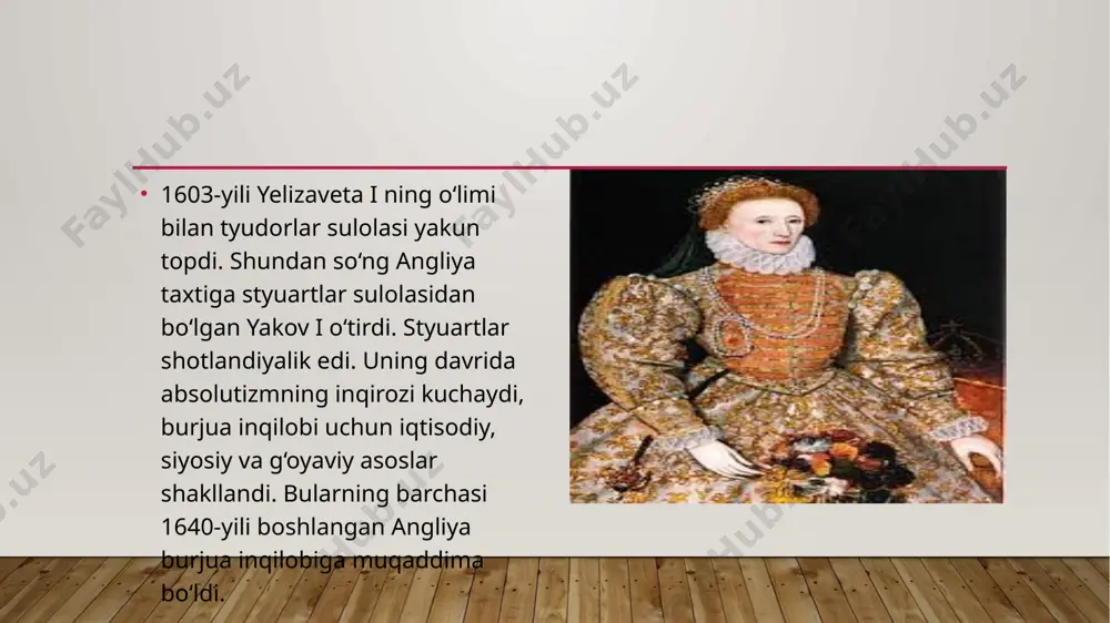 rmiya irlandiyani bo‘ysundirish uchun bu yerga bostirib kirdi. bu armiya irlandiyadan so‘ng shotlandiyaga shiddatli janglardan so‘ng mag‘lub bo‘lgan shotlandiyaning mustaqilligi tugatildi. shundan so‘ng eski parlament tarqatib yuborildi. mamlakatda o. kromvel protektorati (protektor – homiy, himoyachi) o‘rnatildi. ijro hokimiyati to‘liq protektor qo‘liga o‘tdi. kromvelning o‘limidan so‘ng 1660-yili taxtga kelgan karl ii mutlaq hukmronlikka bo‘lgan da’vosidan voz kechmadi. uning vorisi yakov ii esa katolik dinini qayta tiklash uchun harakat boshladi. 1688-yili parlament yakov ii ni taxtdan mahrum qildi va angliya taxtiga gollandiya hukmdori shahzoda villem van oranyeni taklif etdi. qirol hokimiyati parlament tomonidan cheklandi. shu tariqa angliyada cheklangan yoki konstitutsion monarxiya o‘rnatildi. bu angliya tarixida «sharafli inqilob» nomini oldi. inqilobning natijalari angliya burjua inqilobi absolutizmni yo‘q qildi. inqilob feodal mulkchilikka zarba berdi, ammo tugallanmay qoldi, chunki dehqonlarni yerning to‘liq egalariga aylantirmadi va ularni feodal qaramlikdan ozod qilmadi. shunday bo‘lsa-da, inqilob angliyada kapitalistik munosabatlarning keyingi rivojida hal qiluvchi ahamiyatga ega bo‘ldi. bu inqilob …