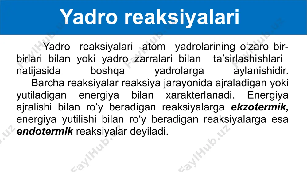 hi bosqichda nishon yadro unga yo‘naltirilgan zarra bilan qo‘shilib ketadi va yangi g‘alayonlangan holatdagi yadroni hosil qiladi: ikkinchi bosqichda esa g‘alayonlangan yadro c yadro reaksiyasi mahsulotlariga parchalanib ketadi: radioaktiv nurlar alfa beta gamma qog‘oz alyuminiy qo‘rg‘oshin alfanurlanish atom yadrosining zarra chiqarish bilan boshqa yadroga aylanishi alfanurlanish (yemirilish) deyiladi. agar ona yadro bo‘lsa, nurlanish natijasida bu yadroning boshqa yadroga aylanishi quyidagi sxema asosida ro‘y beradi: a) alfa – yemirilish faqat og‘ir yadrolar uchun o‘rinli; b) aktiv yadrolarning yarim yemirilish davri dan yilgacha; d) bir moddaning yadrolaridan uchib chiquvchi zarralarning hammasi bir xil energiyali. ( e) yarim yamirilish davri uchib chiquvchi zarralarning energiyasiga bog‘liq. zarralar energiyasi qancha kichik bo‘lsa, yarim yemirilaish davri shuncha katta bo‘ladi. betta nurlanish yadro elektronlar oqimini chiqarishi -nurlanish (yemirilish) deb nomlanadi. nurlanish natijasida kimyoviy element mendeleyev davriy sistemasida bir katakka o‘ngga siljiydi. nurlanish fransuz fizigi p. villar 1900-yilda qo‘rg‘oshinniva zarralar bilan nurlantirilganda qandaydir qoldiq nurlanish bo‘lishini aniqlagan. bu …
