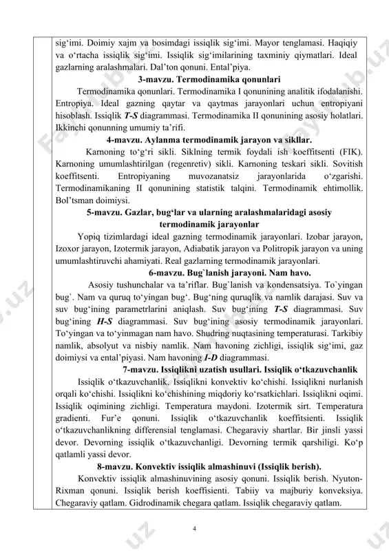 lyatsiyasining kritik diametri. 13-mavzu. gaz turbinalari gaz turbinasining tasnifi, tuzilishi va ishlash tartibi. gaz turbinalari qurilmalari va ularning siklidagi termodinamik jarayonlar. 14-mavzu. muqobil energiya manbalari. gelioenergetika muqobil energiya manbalarining turlari. shamol energetikasi. issiqlik nasoslari. dengiz toshqini elektr stansiyasi. 15-mavzu. issiqlik energiyasidan foydalanishning ekologik muammolari yonish mahsulotidagi zaharli moddalar. zaharli chiqindilarni inson va atrof muhitga salbiy ta’siri. parnik effekti va oqibatlari. 3-kurs 5-semestrda ma’ruza mashg’uloti uchun ajratilgan mavzular ro’yxati № ma’ruza mashg’uloti mavzulari ajratilgan soat 1. «issiqlik texnikasi» faniga kirish. texnik termоdinamika va termodinamik holat parametrlari. 2 2. termоdinamika qonunlari. 2 3. gazlar, bug‘lar va ularning aralashmalaridagi asosiy termodinamik jarayonlar 2 jami 6 nazorat topshiriqlari 3-kurs 5-semestrda ma’ruza mashg’uloti bo’yicha nazorat topshriqlari. 2. tavsiya etilgan mavzuni mustaqil o’qib o’rganish. 3. tavsiya etilgan mavzularni o’qib o’zlashtirishganligi bo’yicha mavzular bo’yicha misol va masalalar mustaqil 1-bet qo’l yozma shaklda rasmiylashtirish. 4. rasmiylashtirilgan ma’lumotlarni nazariy ta’lim o‘qish jarayonlari boshlangan haftada fan o‘qituvchisiga himoya qilish. eslatma: …