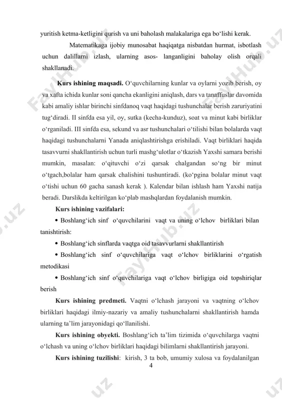 birligini muhim va kamroq muhim bo‘lgan komponentlari bilan bog‘lash jarayonida: - o‘quv materialini puxta o‘zlashtirishni ta’minlashni va kelgusidagi o‘quv materialiga bog‘lanishini oldindan ovoza qilish asosida: - shu sharoitlarda izchillik printsipidan o‘z ishlarimizda foydalanishga harakat qilindi. vaqt o‘lchovi tarixini ko‘rsataylik. o‘quvchilar o‘rganishi lozim bo‘lgan o‘lchovga oid eng qiyin o‘lchov - bu vaqt o‘lchovidir. bolalar bu sohada yetarli tajribaga ega emaslar, avvalo buning ustiga bu o‘lchov tizimi o‘nlik tizimidan farq qiladi. ikkinchidan, soat yordamida o‘rganiladi. bolalarga vaqt o‘lchovi haqida borasida soat (daqiqa) ga bo‘lgan ehtiyoj haqida tushuncha beriladi. bu juda oddiy o‘quvchi maktabga o‘z vaqtida kelmasligini eslatib o‘tishning o‘zi kifoya. inson ko‘p zamonlardan beri vaqt hisobini soat asosida olib boradi, qaysiki u ko‘p vaqtlar davomida katta evolyutsiyani boshdan kechirdi. dastabki soatlar quyosh soatlari edi. ular birinchi marta vaviloniyada o‘rtasi teshilgan yarim shar shaklidagi tosh yoki g‘isht kosaga o‘rnatilgan tayoqchadan iborat bo‘lgan. keyin u gretsiya va rimga o‘tgan. kun tayoqcha soyasining kosa chetidagi …