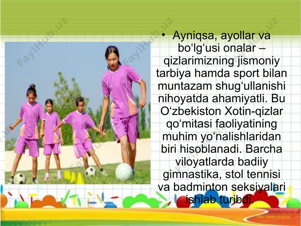 edagogik nazorat va o‘z-o‘zini nazorat qilish ma’lumotlarini umumlashtirib, vrach bilan birga sportchi qizlar organizmi holatini yanada puxtaroq, chuqurroq tahlil qilishi hamda shunga asoslanib o‘quv-trenirovka tartibini keyinchalik tuzishda zarur tuzatishlarni kiritishi mumkin. xulosa qilib shuni aytish kerakki, xotin-qizlar sportini rivojlantirishda xotin-qizlar organizmining o‘ziga xos xususiyatlarini inobatga olish, ular bilan mashq, trenirovkalar, musobaqalar davrida bir nechta qoidalarga amal qilish lozim. mamlakatimizda sog‘lom va barkamol avlodni tarbiyalash, yoshlarning o‘z ijodiy va intellektual salohiyatini ro‘yobga chiqarishi, mamlakatimiz yigit-qizlarini xx1 asr talablariga to‘liq javob beradigan har tomonlama rivojlangan shaxslar etib voyaga yetkazish uchun zarur shart-sharoitlar va imkoniyatlar keng ko‘lamda amalga oshirilmoqda. bundan tashqari, yurtboshimiz tashabbusi bilan mamlakatimizda xotin-qizlar o‘rtasida sportni keng rivojlantirish borasida bir qator ishlar amalga oshirilmoqda: yoshlar o‘rtasida sog‘lom turmush tarzini qaror toptirish, ularni ichkilikbozlik va giyohvandlik illatlaridan, boshqa turli halokatli tahdidlar hamda biz uchun yot bo‘lgan diniy va ekstremistik ta’sirlardan, tuban “ommaviy madaniyat” hurujlaridan himoya qilishga doir kompleks chora tadbirlarni amalga oshirilayapti. …