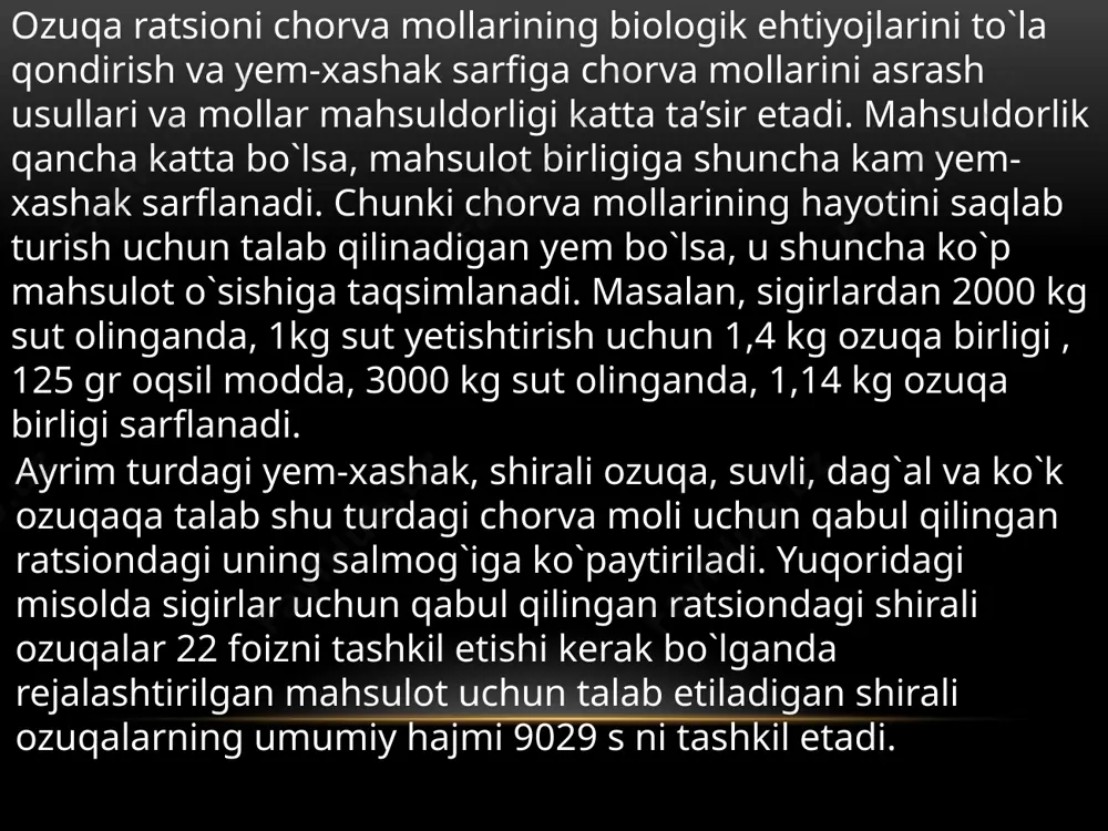 . echkidan olinadigan tivit nozikligi, mayinligi, yengil va pishiqligi bilan ajralib turadi. angor zotli echkilar tivitining uzunligi 912 sm. bo‘lib, undan qimmatbaho ro‘mol, trikotaj kiyimlar, gilam tayyorlanadi. echki terisidan kamar, oyoq kiyimlari, 1,53 haftalik echki bolasidan bosh kiyimi tikish mumkin. echki suti sevib iste’mol qilinadi. uning tarkibida foydali elementlar fosfor, kalsiy ko‘p bo‘ladi. yosh bolalar va oshqozon kasaliga chalingan kishilar uchunshifobaxsh hisoblanadi. o‘rtacha har 100 bosh urg‘ochi echkidan 145-150 ta uloq olinadi. 2019-yilda qishloq xo‘jaligi mahsulotlarining o‘sish sur’ati 2018-yilga nisbatan 102,5 foizni tashkil etdi. umuman olganda, 2017–2019 yillarda qishloq xo‘jaligida yalpi mahsulot ishlab chiqarish 1,5 baravarga va aholi jon boshiga 1,4 baravarga (2019 yil narxlarida) oshdi. shu bilan birga, o‘simliklarni etishtirish 1,3 baravar, chorvachilik mahsulotlari 1,7 baravar o‘sdi shavkat mirziyoyevning qishloq xoʻjaligini qoʻllab-quvvatlash jamgʻarmasi faoliyatini takomillashtirish toʻgʻrisidagi farmoniga muvofiq oʻzbekistonda paxta yetishtirishni moliyalashtirish tartibi oʻzgaradi. unga ko'ra, 2022-yil hosilidan paxta xom ashyosini yetishtirish xarajatlarini moliyalashtirish 2021-yilning 1-noyabridan boshlanadi (amaldagi tartib …