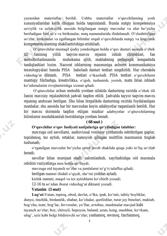 sifatida dasturning oxirida o‘zbek tili fanini mavzuiy rejalashtirish jadvali taqdim etildi. jadvalda tayyor taqvim-mavzu rejaning andozasi berilgan. shu bilan birgalikda dasturning oxirida foydalanilgan manbalar, shu asosida har bir mavzudan keyin adabiyotlar raqamlanib berildi. har bir mavzu doirasida taqdim etilgan mazkur adabiyotlar o‘qituvchilarning bilimlarini mustahkamlab borishlariga yordam beradi. ( 68 soat ) o‘quvchilar o‘quv faoliyati natijalariga qo‘yiladigan talablar: mavzuga oid savollarni, audiovizual vositalar yordamida eshittirilgan gaplar, topishmoq, tez aytish, ertaklar, namoyish qilingan multfilm mazmunini tinglab tushunadi; o‘rganilgan mavzular bo‘yicha savol-javob shaklida qisqa yoki to‘liq so‘zlab beradi; savollar bilan murojaat etadi; salomlashish, xayrlashishga oid muomala odobini vaziyatlarga mos holda qo‘llaydi; mavzuga oid tayanch so‘zlar va jumlalarni to‘g‘ri talaffuz qiladi; berilgan matnni ifodali o‘qiydi, she’rni yoddan aytadi; kichik matnni, maqol va tez aytishlarni ko‘chirib yozadi; 12-16 ta so‘zdan iborat videolug‘at diktanti yozadi. vatanim (3 soat) lug‘at:vatan, tuproq, obod, davlat, o‘lka, ipak, ko‘mir, tabiiy boyliklar, dunyo, tinchlik, birdamlik, shahar, ko‘chalar, qurilishlar, turar joy binolari, …